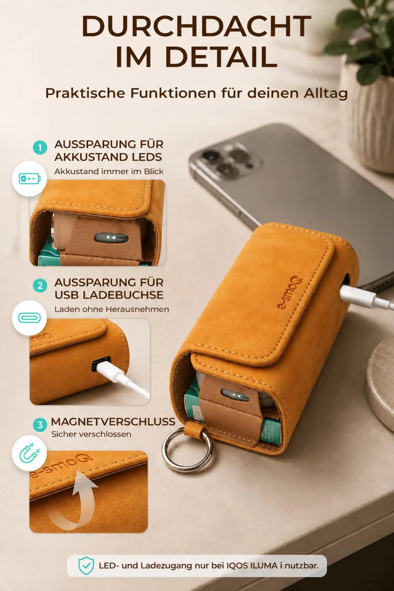 [20+ Colori] e-smoQ Custodia per IQOS ILUMA, Cover in Pelle PU di Alta Qualità - Borsello/Astuccio Sigaretta Elettronica, Organizer per Accessori (Arancia) - immagine 6