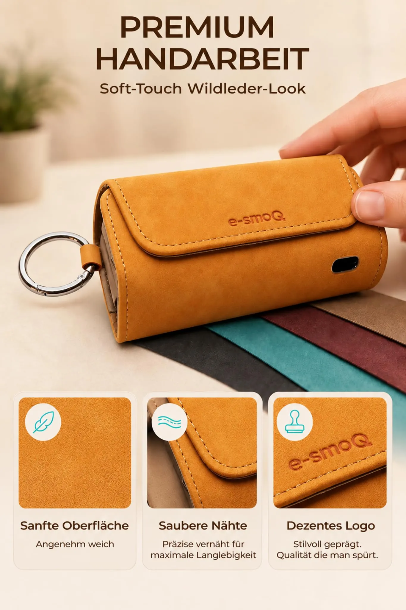 [20+ Colori] e-smoQ Custodia per IQOS ILUMA, Cover in Pelle PU di Alta Qualità - Borsello/Astuccio Sigaretta Elettronica, Organizer per Accessori (Arancia) - immagine 8