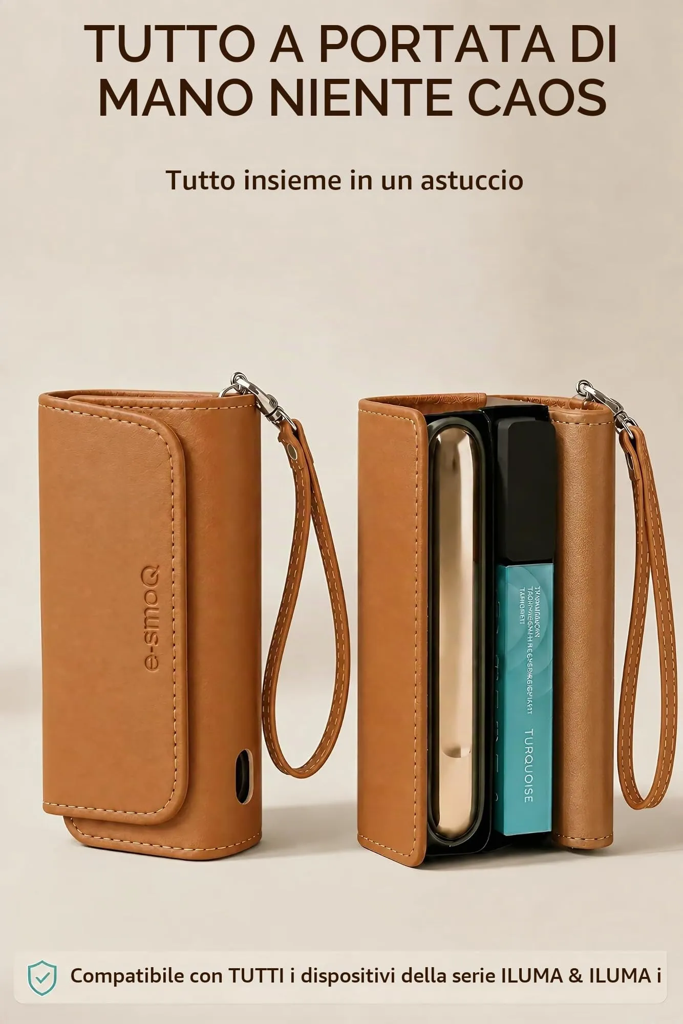 [20+ Colori] e-smoQ Custodia per IQOS ILUMA, Cover in Pelle PU di Alta Qualità - Borsello/Astuccio Sigaretta Elettronica, Organizer per Accessori (Marrone) - immagine 2