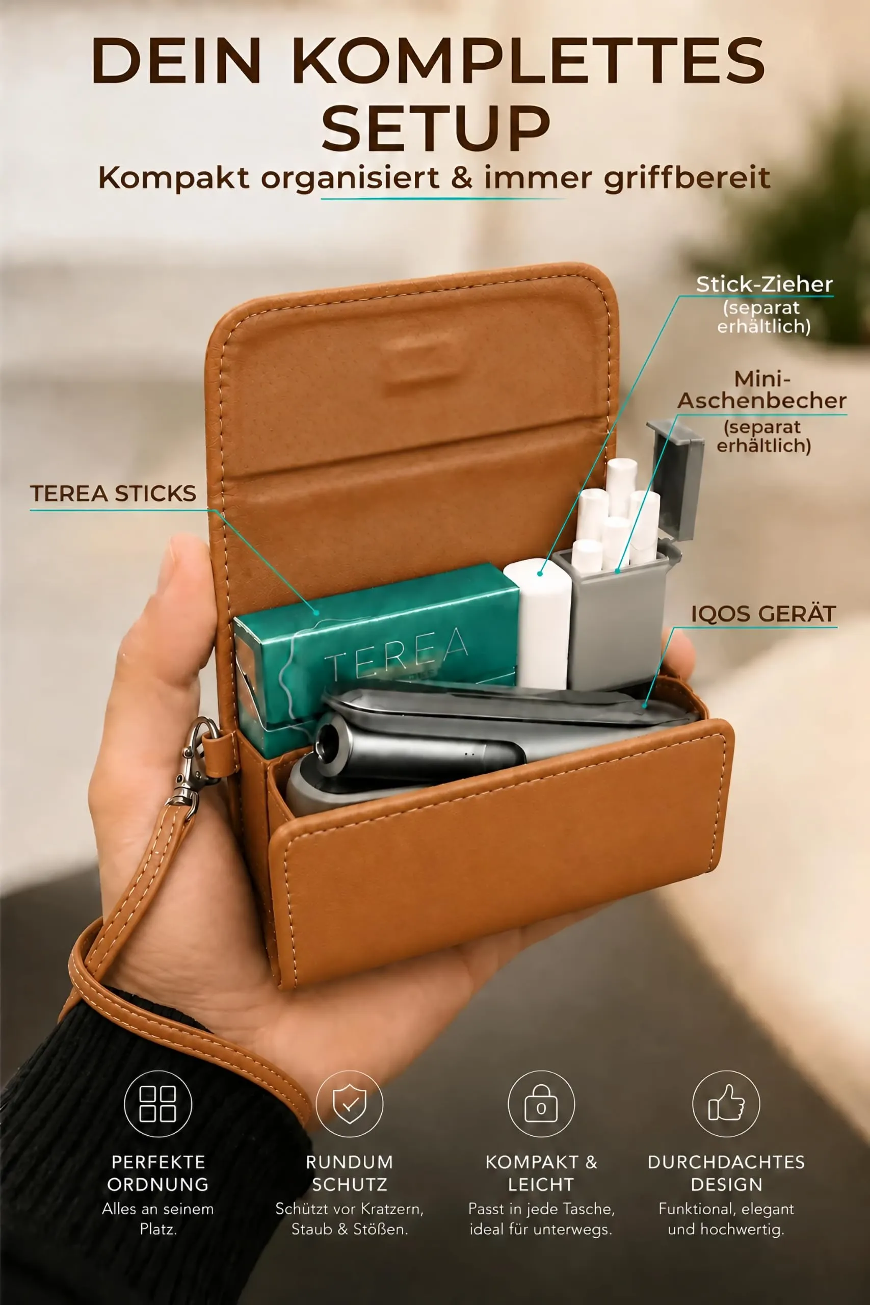 [20+ Colori] e-smoQ Custodia per IQOS ILUMA, Cover in Pelle PU di Alta Qualità - Borsello/Astuccio Sigaretta Elettronica, Organizer per Accessori (Marrone) - immagine 3