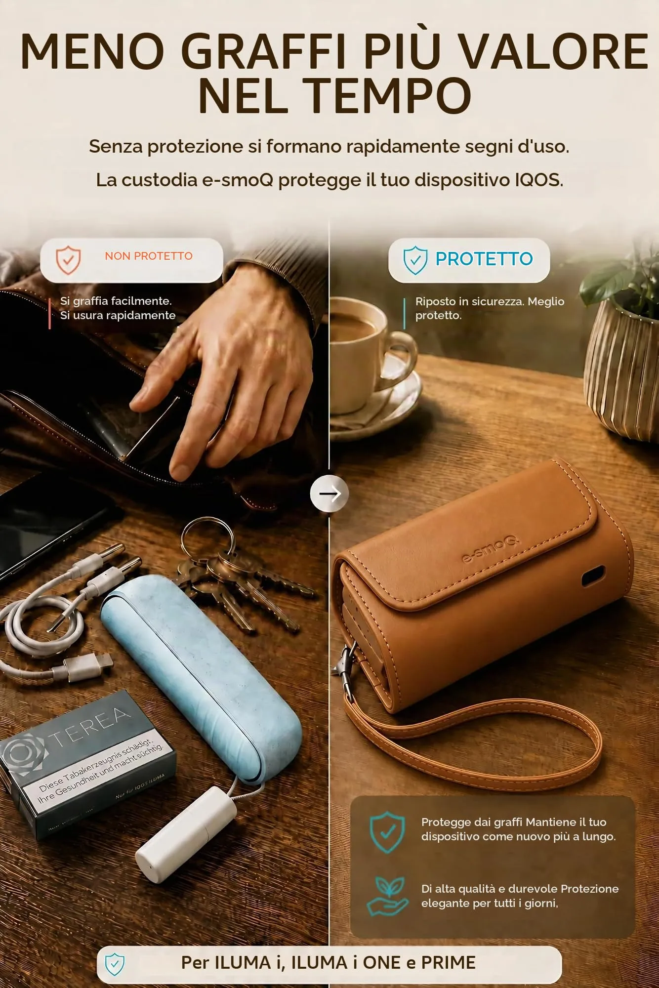 [20+ Colori] e-smoQ Custodia per IQOS ILUMA, Cover in Pelle PU di Alta Qualità - Borsello/Astuccio Sigaretta Elettronica, Organizer per Accessori (Marrone) - immagine 5