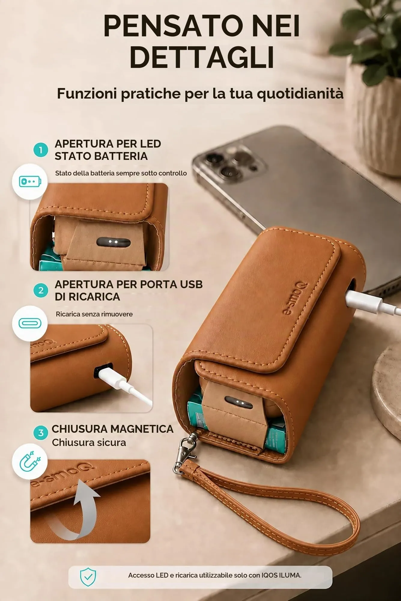 [20+ Colori] e-smoQ Custodia per IQOS ILUMA, Cover in Pelle PU di Alta Qualità - Borsello/Astuccio Sigaretta Elettronica, Organizer per Accessori (Marrone) - immagine 6