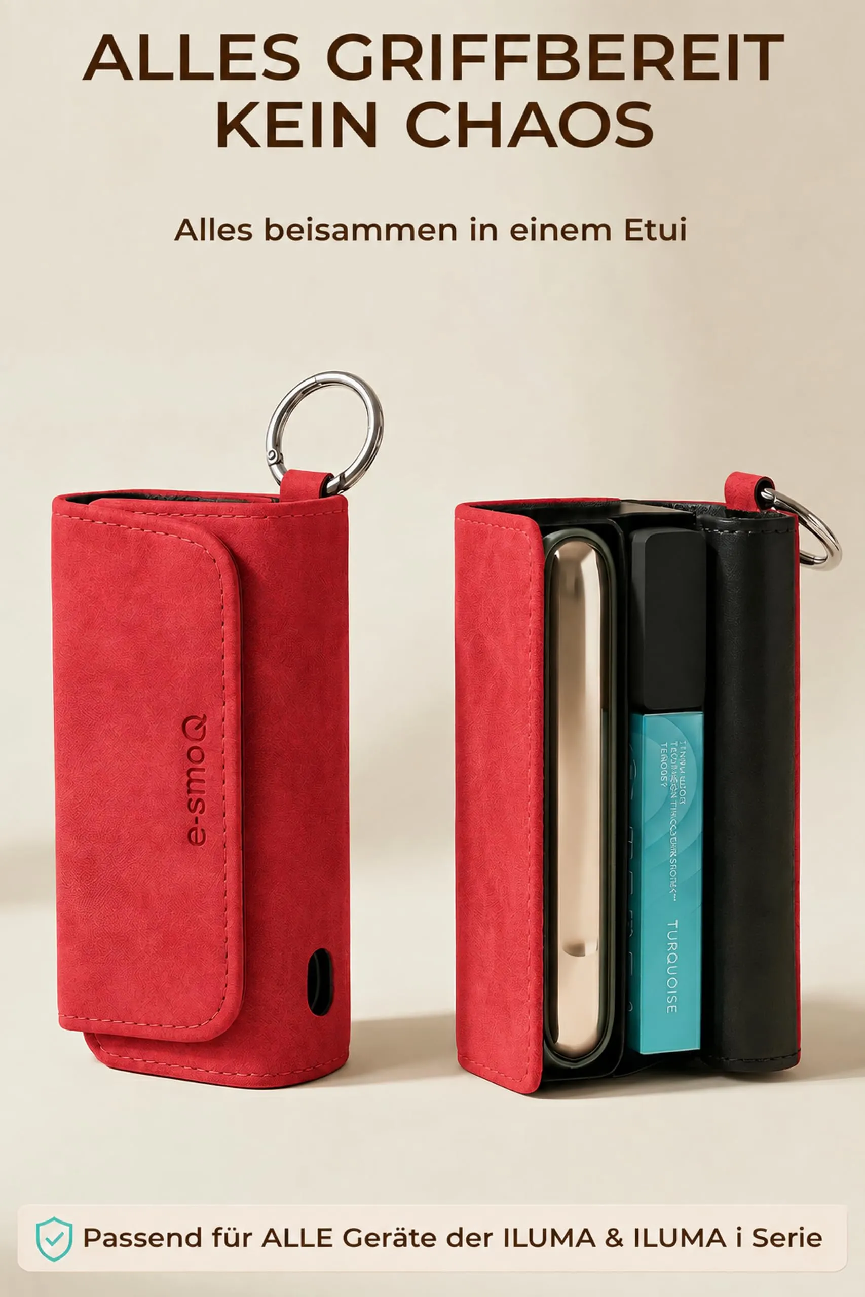 [20+ Colori] e-smoQ Custodia per IQOS ILUMA, Cover in Pelle PU di Alta Qualità - Borsello/Astuccio Sigaretta Elettronica, Organizer per Accessori (Rosso) - immagine 2