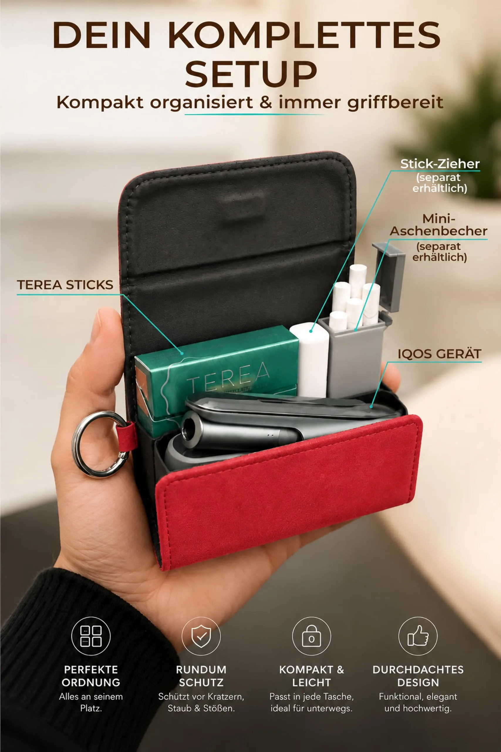 [20+ Colori] e-smoQ Custodia per IQOS ILUMA, Cover in Pelle PU di Alta Qualità - Borsello/Astuccio Sigaretta Elettronica, Organizer per Accessori (Rosso) - immagine 3