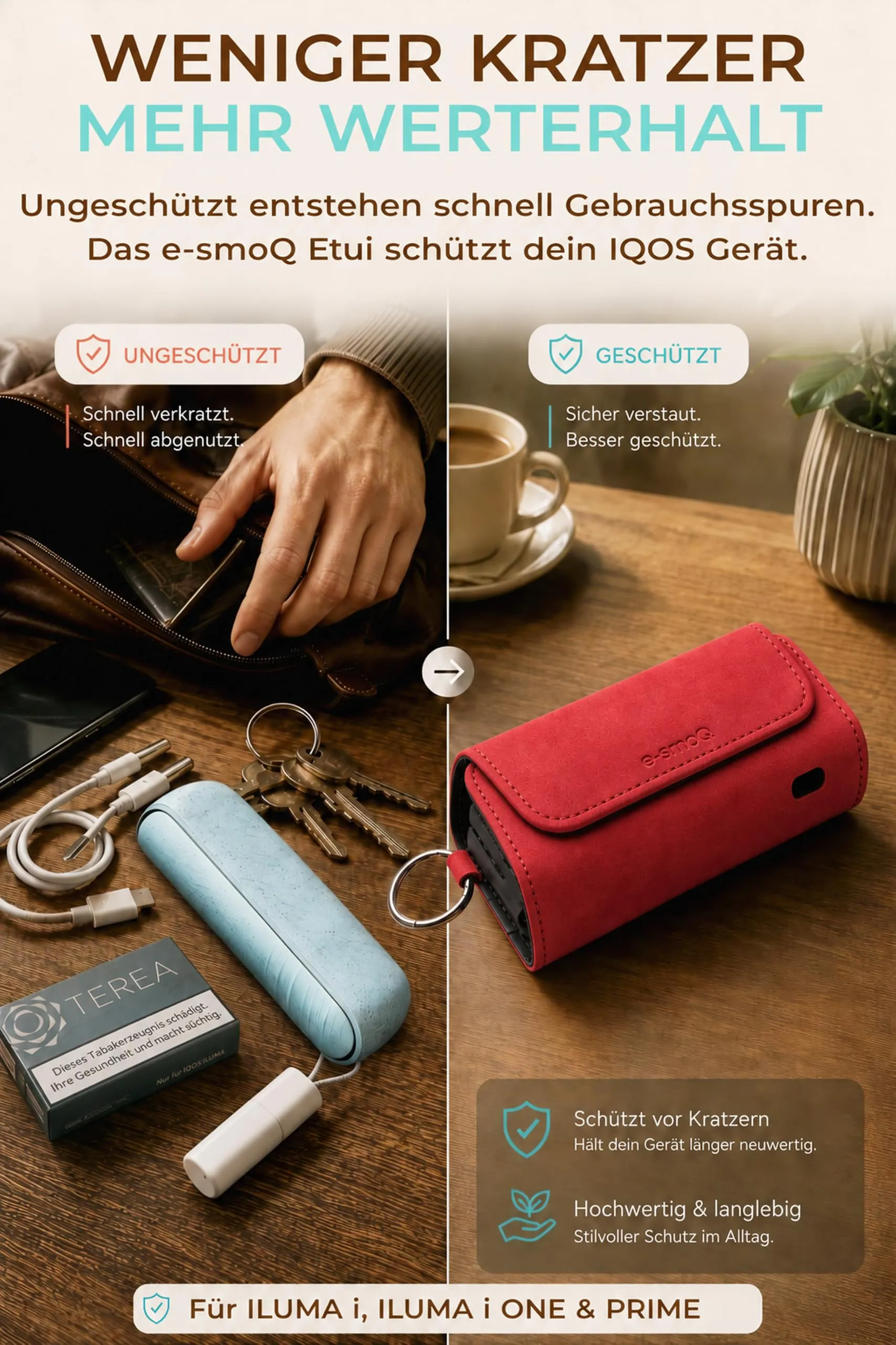 [20+ Colori] e-smoQ Custodia per IQOS ILUMA, Cover in Pelle PU di Alta Qualità - Borsello/Astuccio Sigaretta Elettronica, Organizer per Accessori (Rosso) - immagine 5