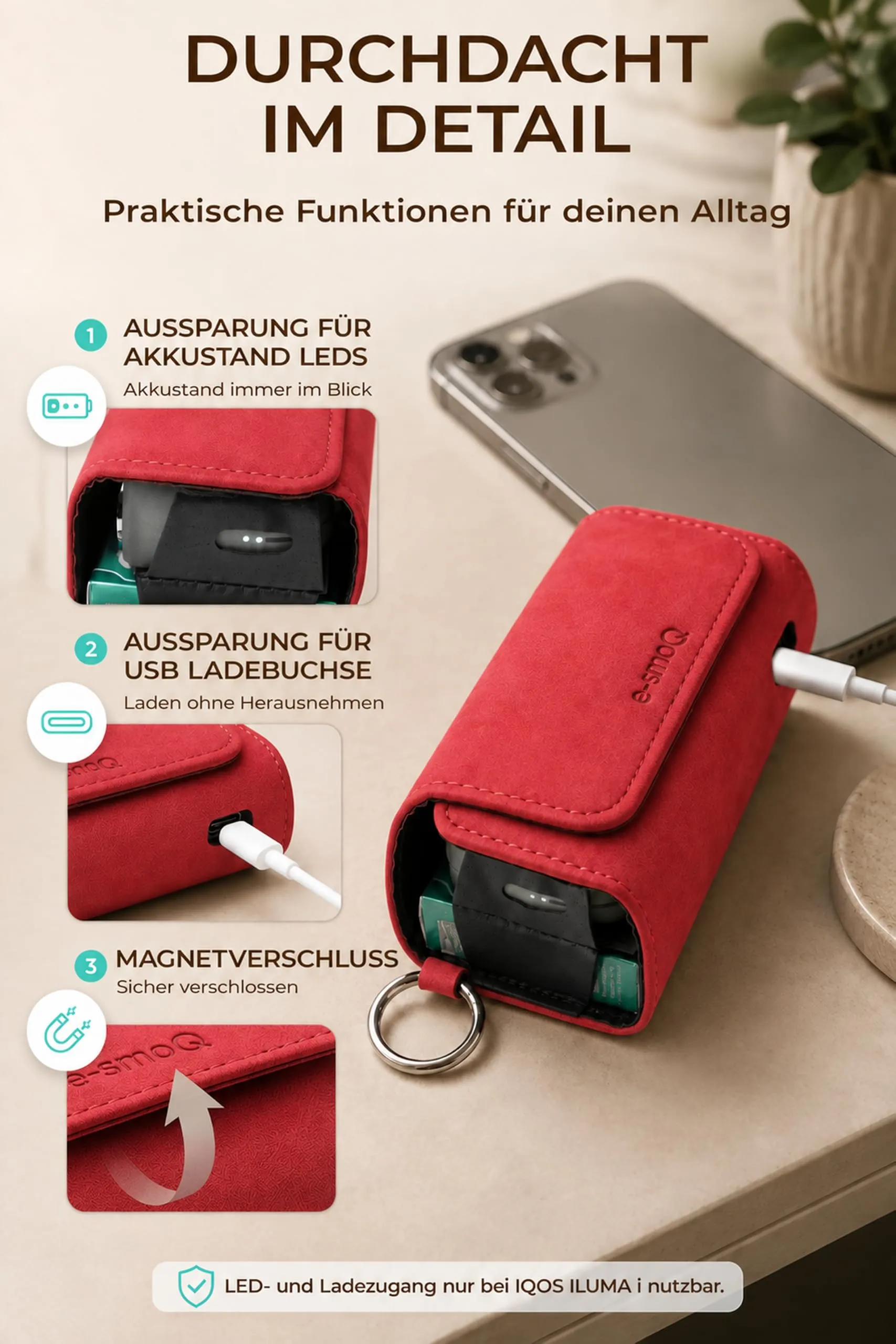 [20+ Colori] e-smoQ Custodia per IQOS ILUMA, Cover in Pelle PU di Alta Qualità - Borsello/Astuccio Sigaretta Elettronica, Organizer per Accessori (Rosso) - immagine 6