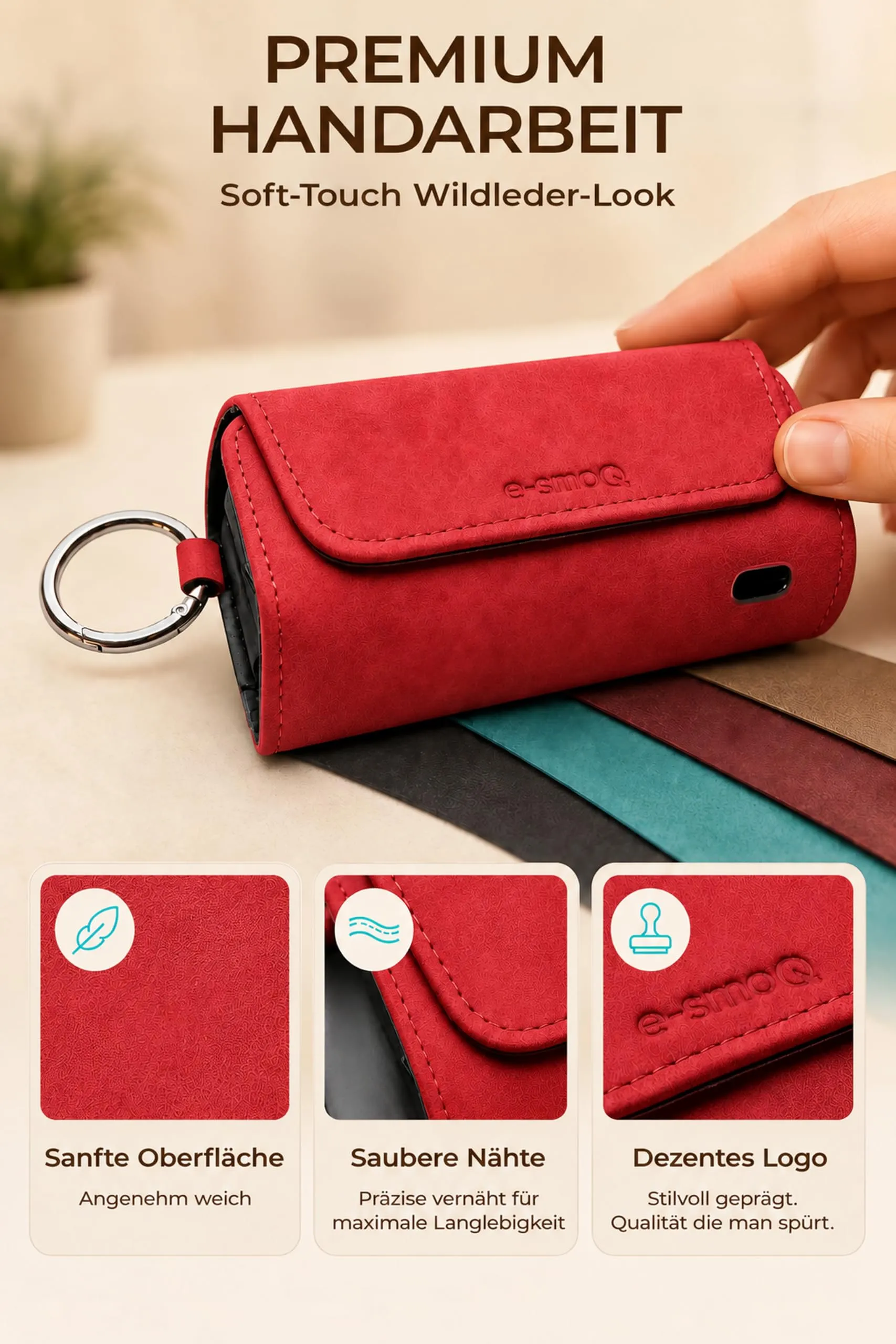 [20+ Colori] e-smoQ Custodia per IQOS ILUMA, Cover in Pelle PU di Alta Qualità - Borsello/Astuccio Sigaretta Elettronica, Organizer per Accessori (Rosso) - immagine 8