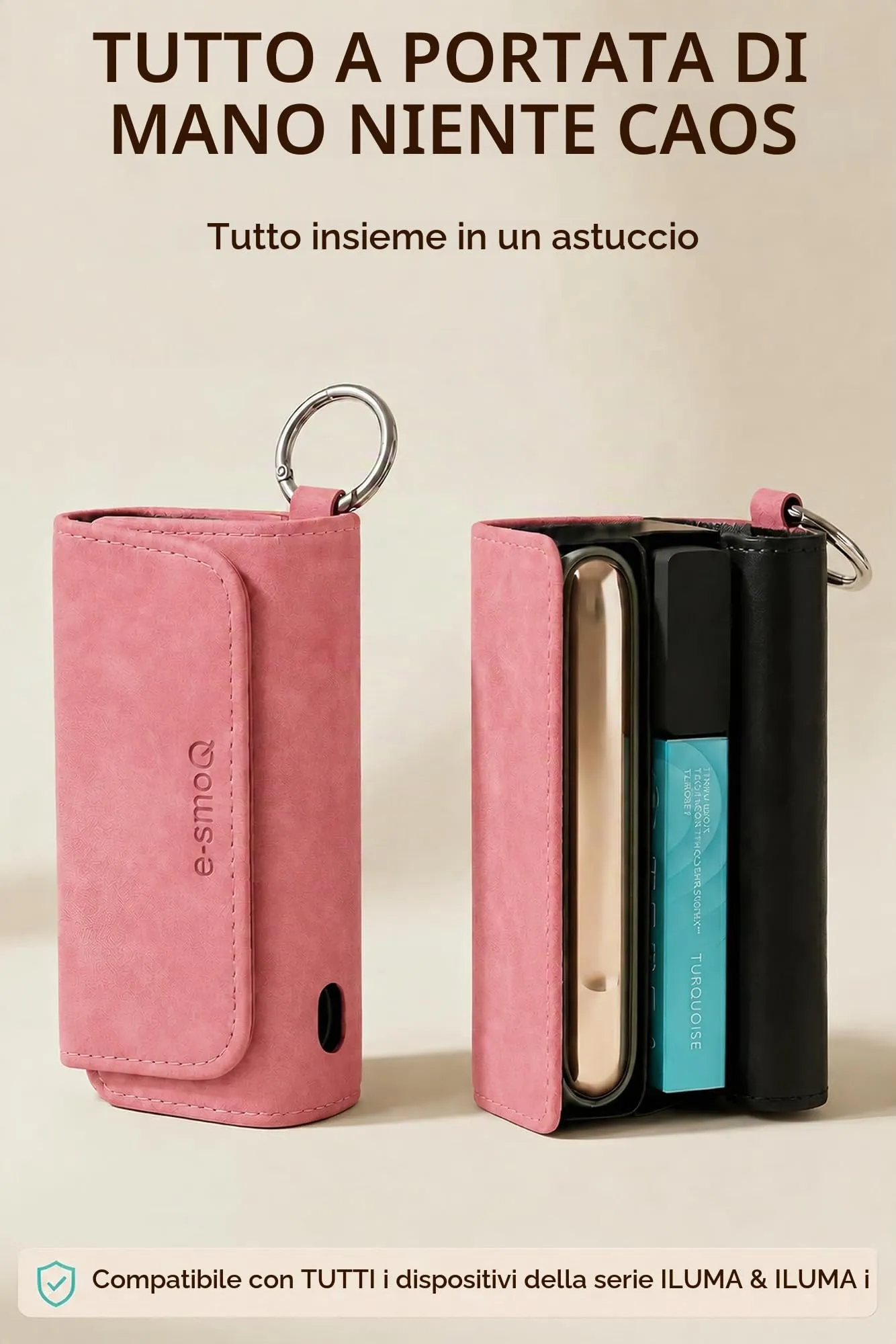[20+ Colori] e-smoQ Custodia per IQOS ILUMA, Cover in Pelle PU di Alta Qualità - Borsello/Astuccio Sigaretta Elettronica, Organizer per Accessori (Rosa) - immagine 2