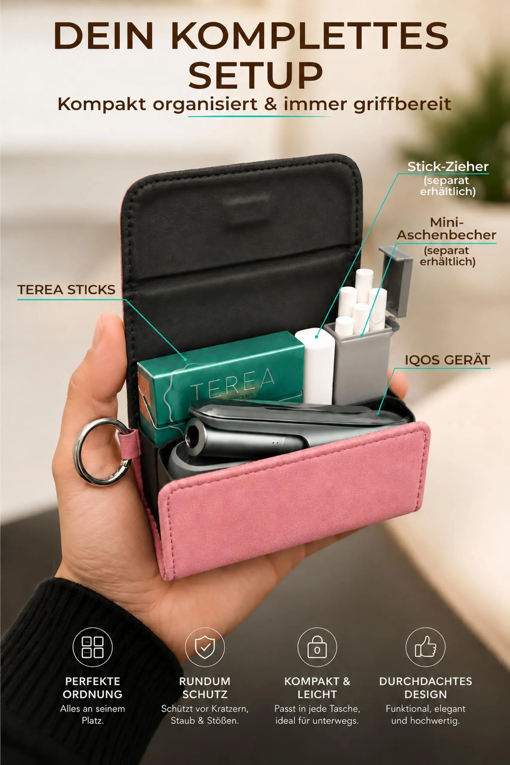 [20+ Colori] e-smoQ Custodia per IQOS ILUMA, Cover in Pelle PU di Alta Qualità - Borsello/Astuccio Sigaretta Elettronica, Organizer per Accessori (Rosa) - immagine 3
