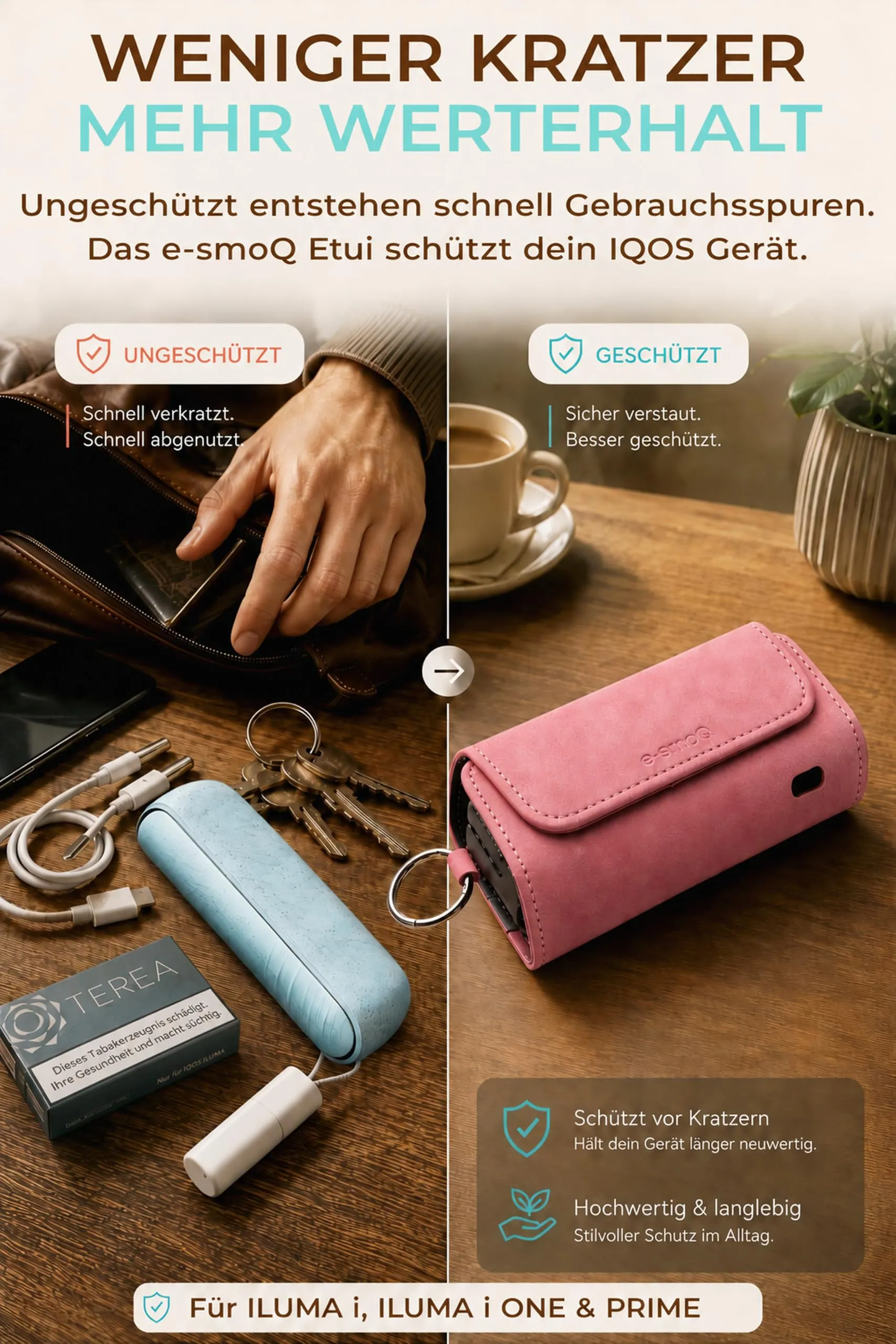 [20+ Colori] e-smoQ Custodia per IQOS ILUMA, Cover in Pelle PU di Alta Qualità - Borsello/Astuccio Sigaretta Elettronica, Organizer per Accessori (Rosa) - immagine 5