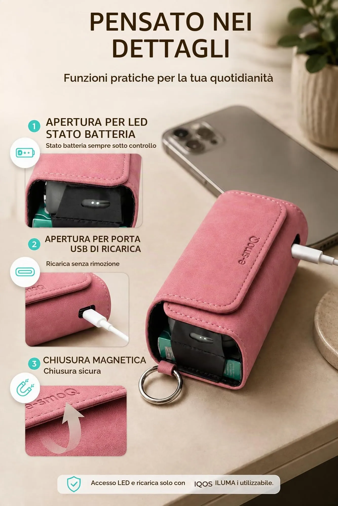 [20+ Colori] e-smoQ Custodia per IQOS ILUMA, Cover in Pelle PU di Alta Qualità - Borsello/Astuccio Sigaretta Elettronica, Organizer per Accessori (Rosa) - immagine 6