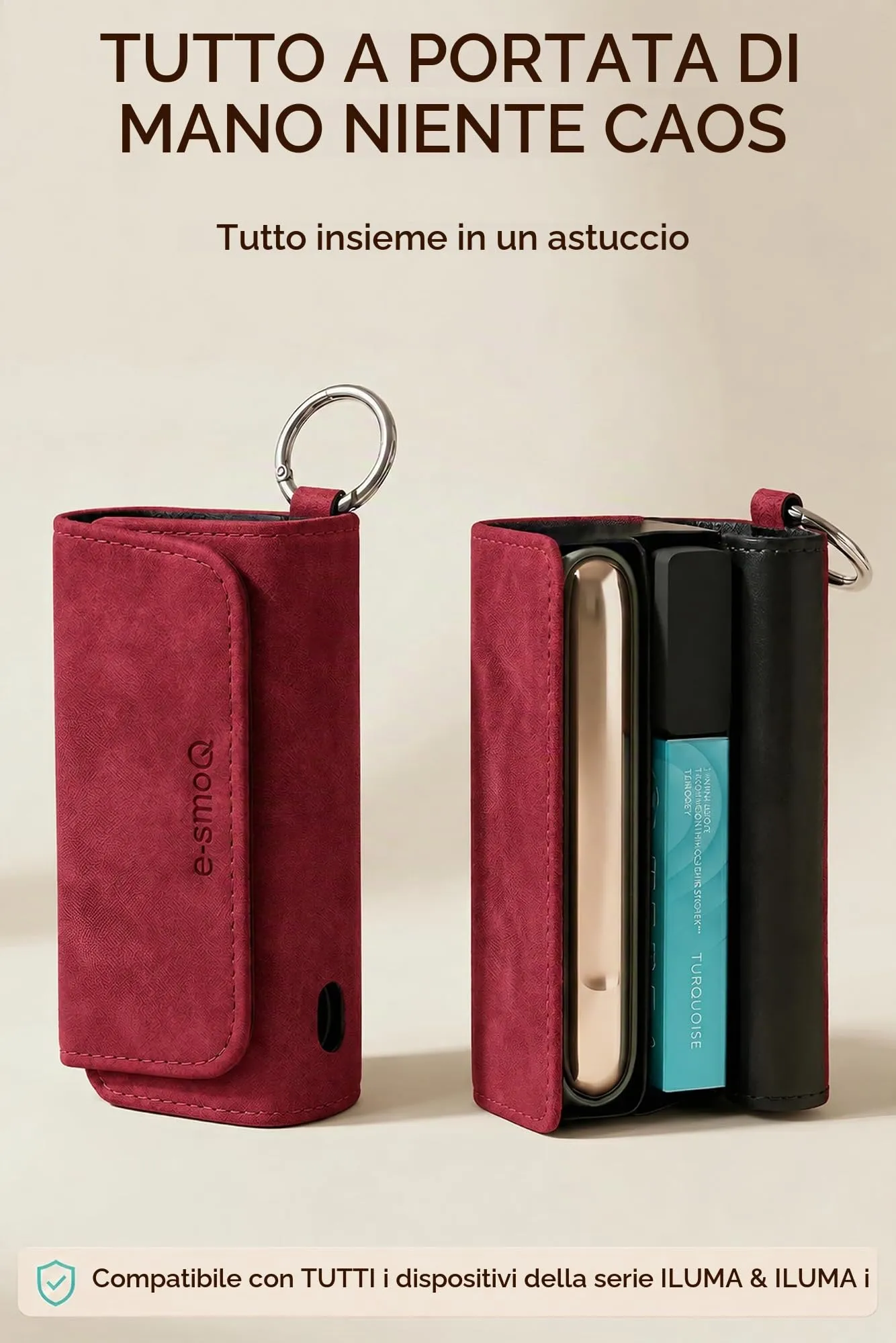 [20+ Colori] e-smoQ Custodia per IQOS ILUMA, Cover in Pelle PU di Alta Qualità - Borsello/Astuccio Sigaretta Elettronica, Organizer per Accessori (Vino Rosso) - immagine 2