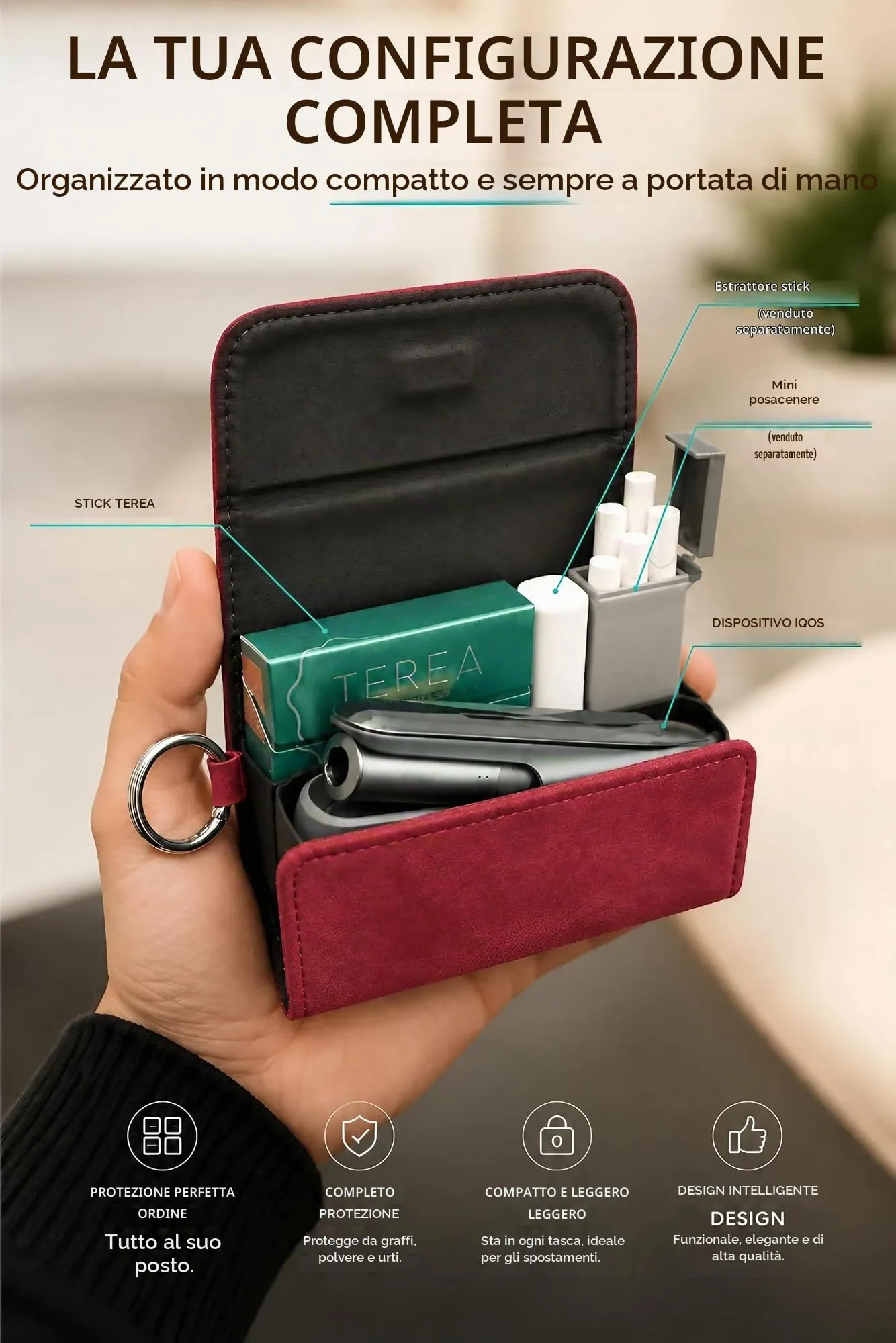[20+ Colori] e-smoQ Custodia per IQOS ILUMA, Cover in Pelle PU di Alta Qualità - Borsello/Astuccio Sigaretta Elettronica, Organizer per Accessori (Vino Rosso) - immagine 3