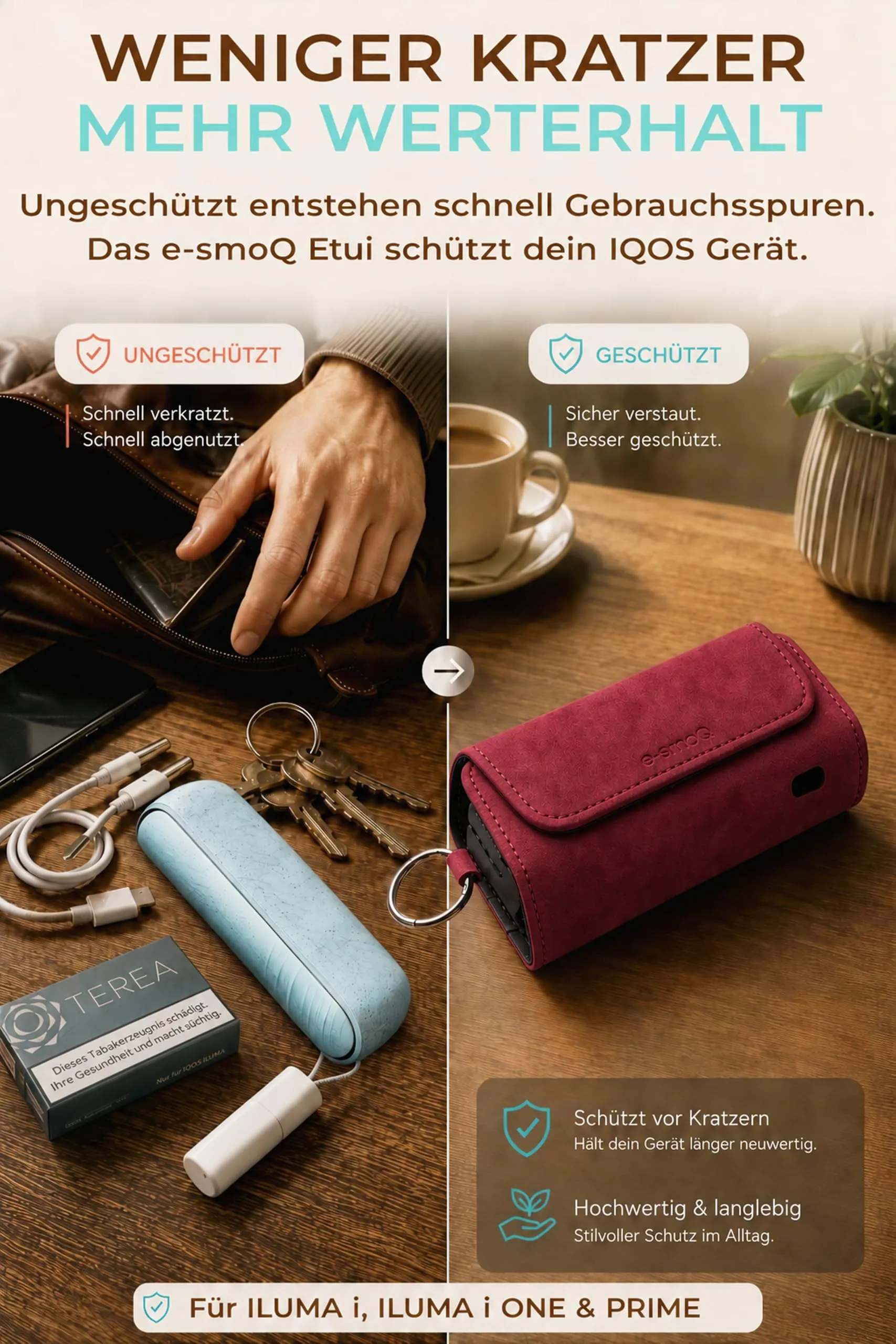 [20+ Colori] e-smoQ Custodia per IQOS ILUMA, Cover in Pelle PU di Alta Qualità - Borsello/Astuccio Sigaretta Elettronica, Organizer per Accessori (Vino Rosso) - immagine 5
