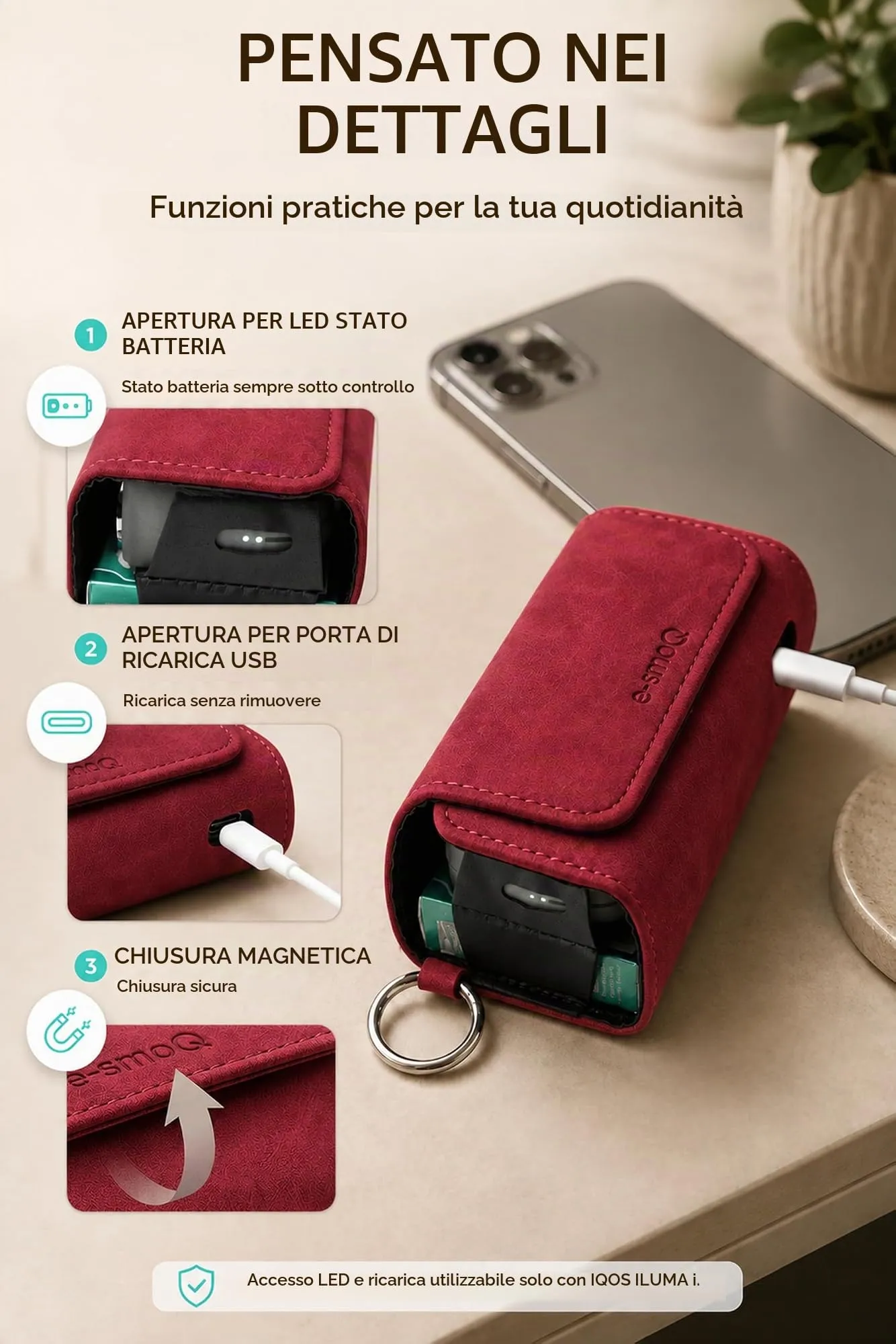 [20+ Colori] e-smoQ Custodia per IQOS ILUMA, Cover in Pelle PU di Alta Qualità - Borsello/Astuccio Sigaretta Elettronica, Organizer per Accessori (Vino Rosso) - immagine 6