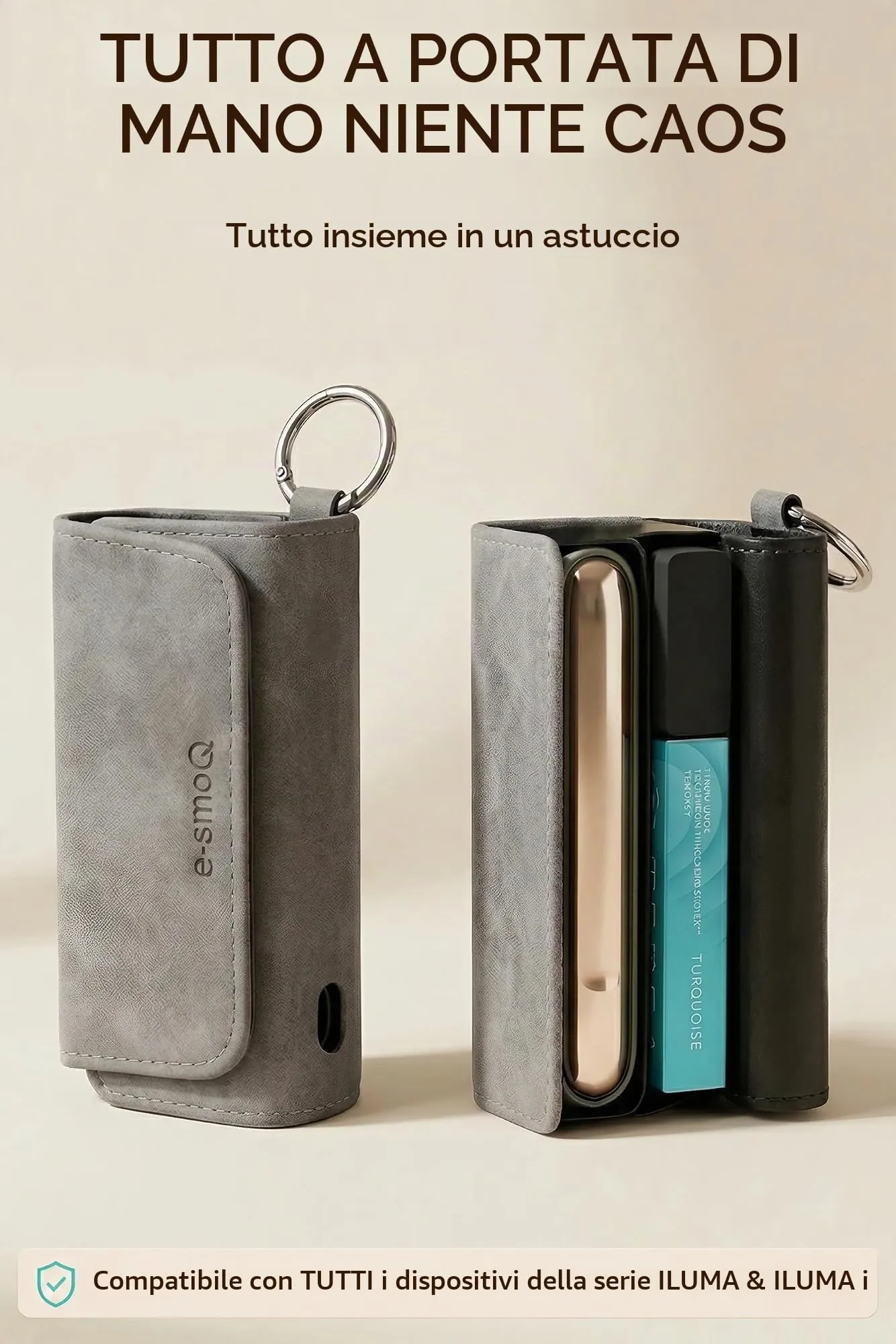 [20+ Colori] e-smoQ Custodia per IQOS ILUMA, Cover in Pelle PU di Alta Qualità - Borsello/Astuccio Sigaretta Elettronica, Organizer per Accessori (Grigio) - immagine 2