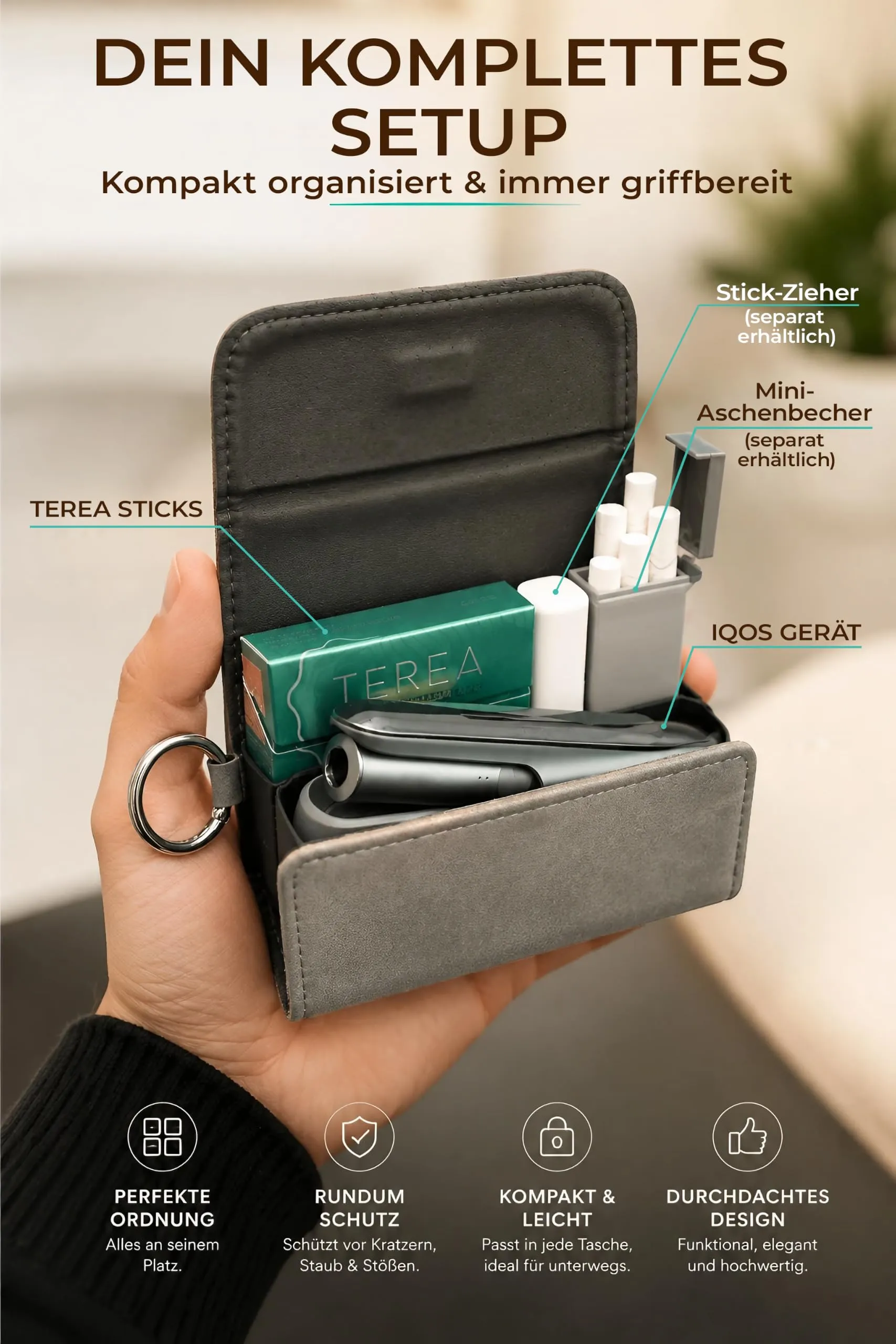 [20+ Colori] e-smoQ Custodia per IQOS ILUMA, Cover in Pelle PU di Alta Qualità - Borsello/Astuccio Sigaretta Elettronica, Organizer per Accessori (Grigio) - immagine 3