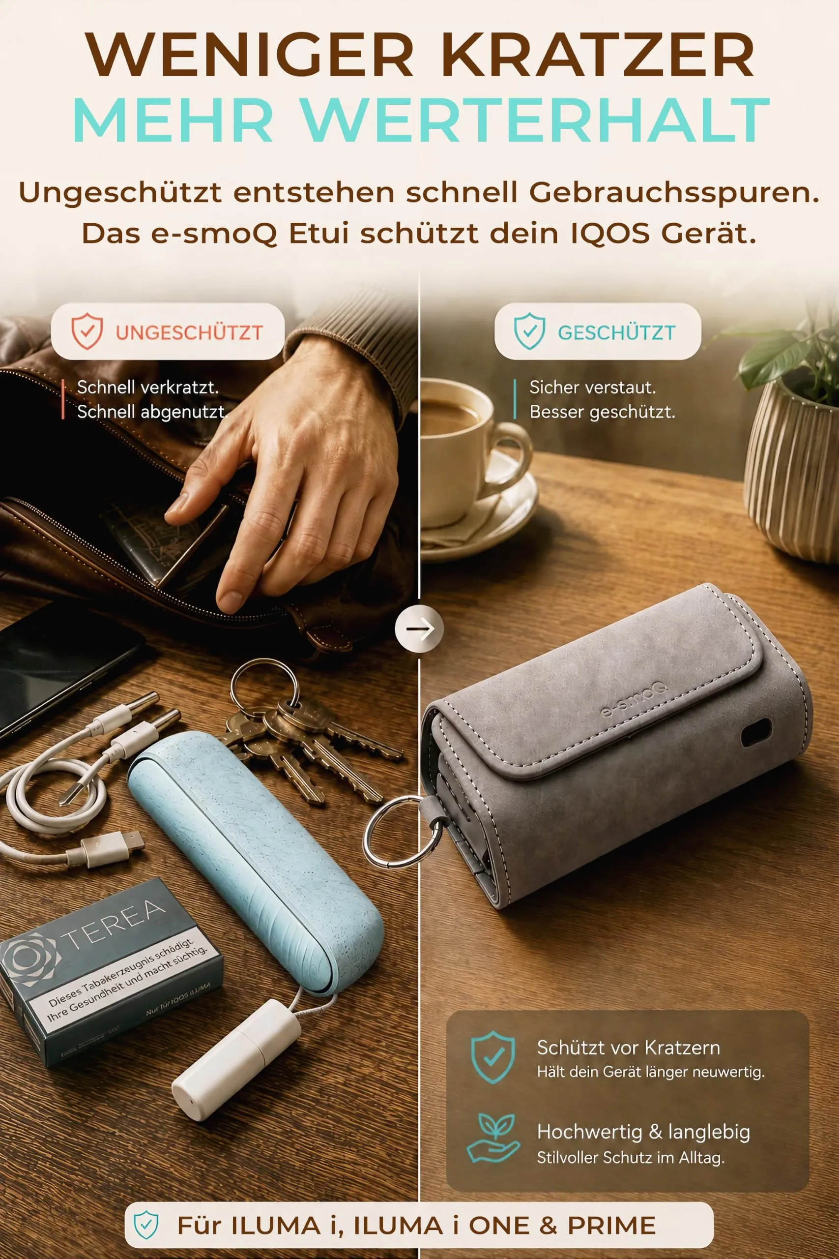 [20+ Colori] e-smoQ Custodia per IQOS ILUMA, Cover in Pelle PU di Alta Qualità - Borsello/Astuccio Sigaretta Elettronica, Organizer per Accessori (Grigio) - immagine 5