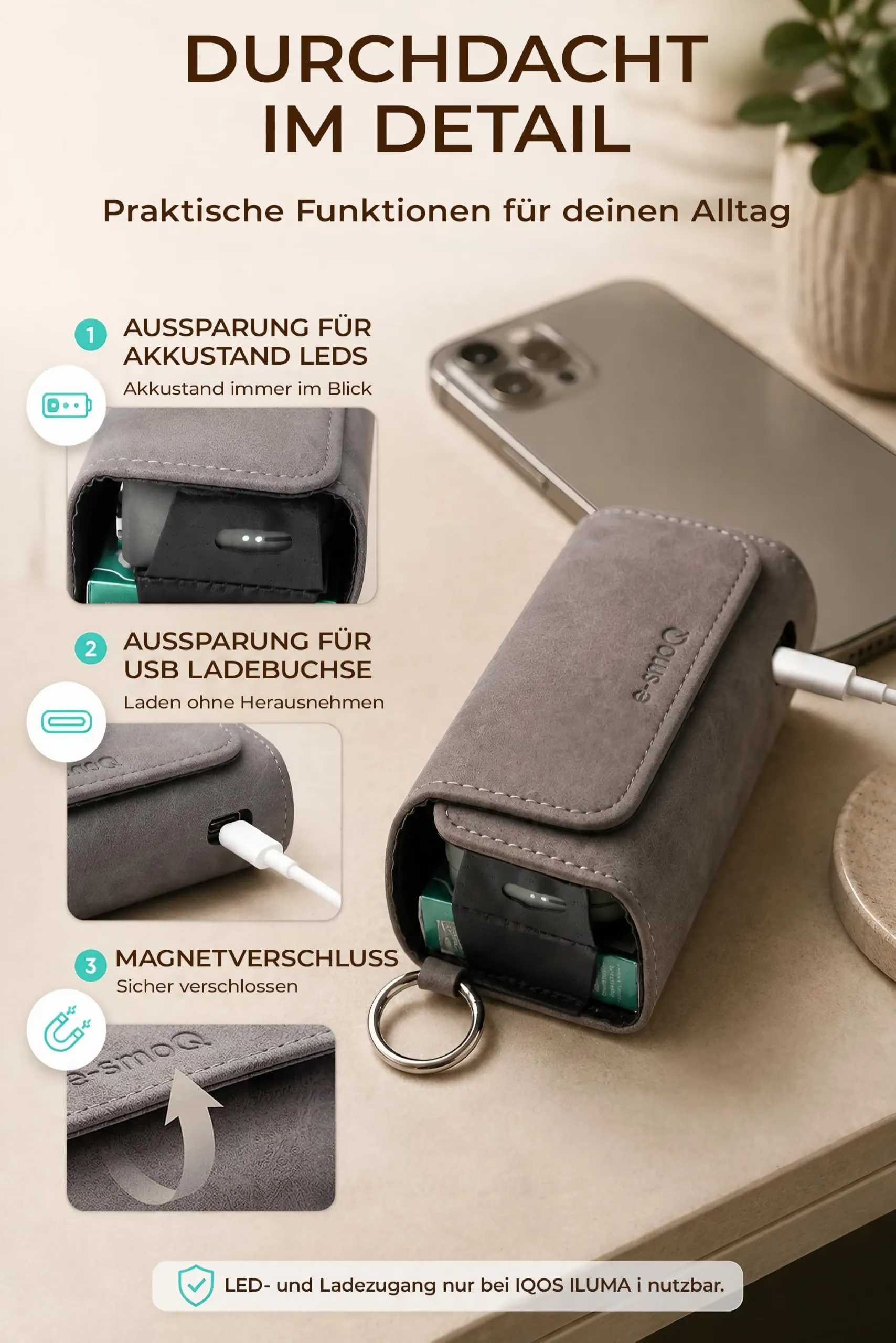 [20+ Colori] e-smoQ Custodia per IQOS ILUMA, Cover in Pelle PU di Alta Qualità - Borsello/Astuccio Sigaretta Elettronica, Organizer per Accessori (Grigio) - immagine 6