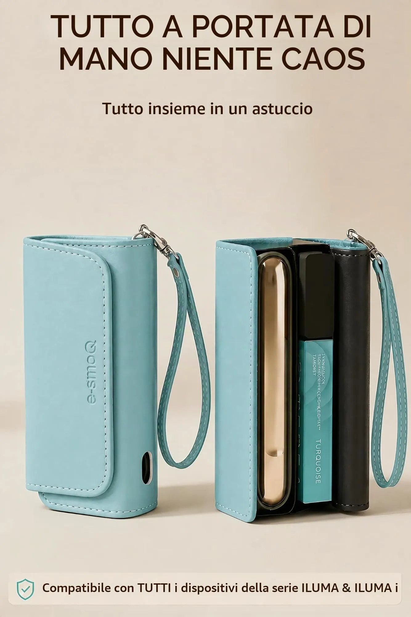 [20+ Colori] e-smoQ Custodia per IQOS ILUMA, Cover in Pelle PU di Alta Qualità - Borsello/Astuccio Sigaretta Elettronica, Organizer per Accessori (Turchese) - immagine 2