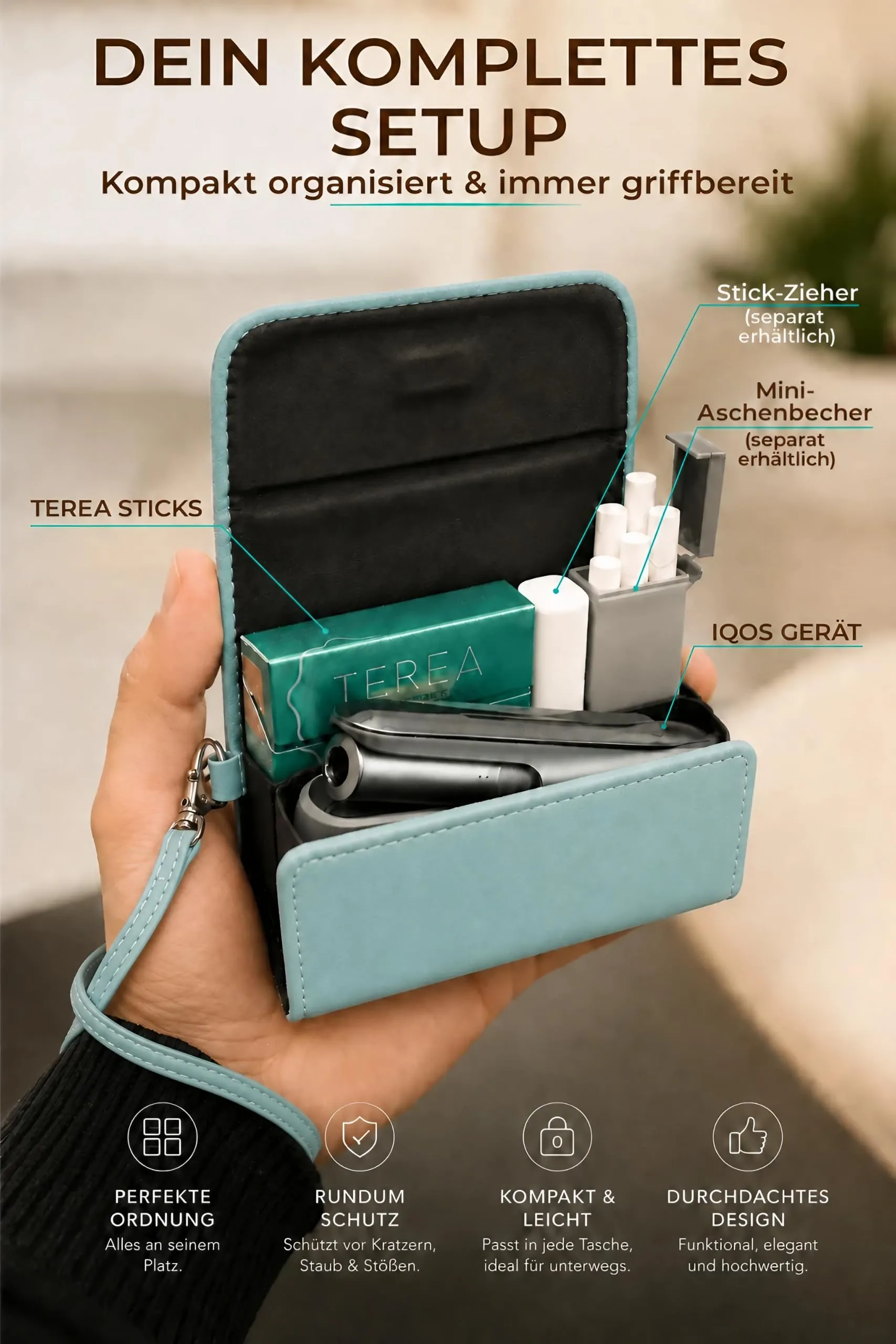 [20+ Colori] e-smoQ Custodia per IQOS ILUMA, Cover in Pelle PU di Alta Qualità - Borsello/Astuccio Sigaretta Elettronica, Organizer per Accessori (Turchese) - immagine 3