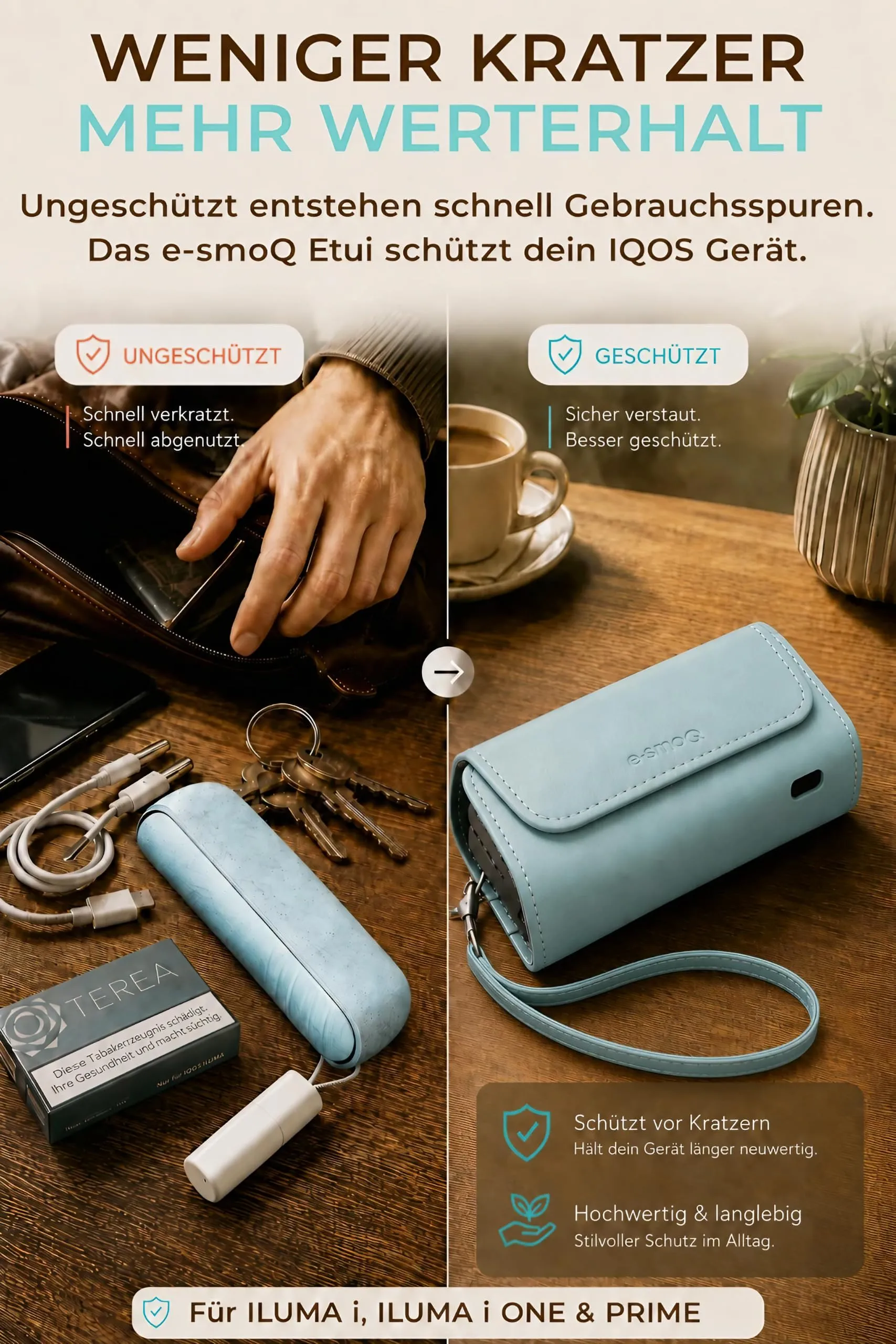 [20+ Colori] e-smoQ Custodia per IQOS ILUMA, Cover in Pelle PU di Alta Qualità - Borsello/Astuccio Sigaretta Elettronica, Organizer per Accessori (Turchese) - immagine 5