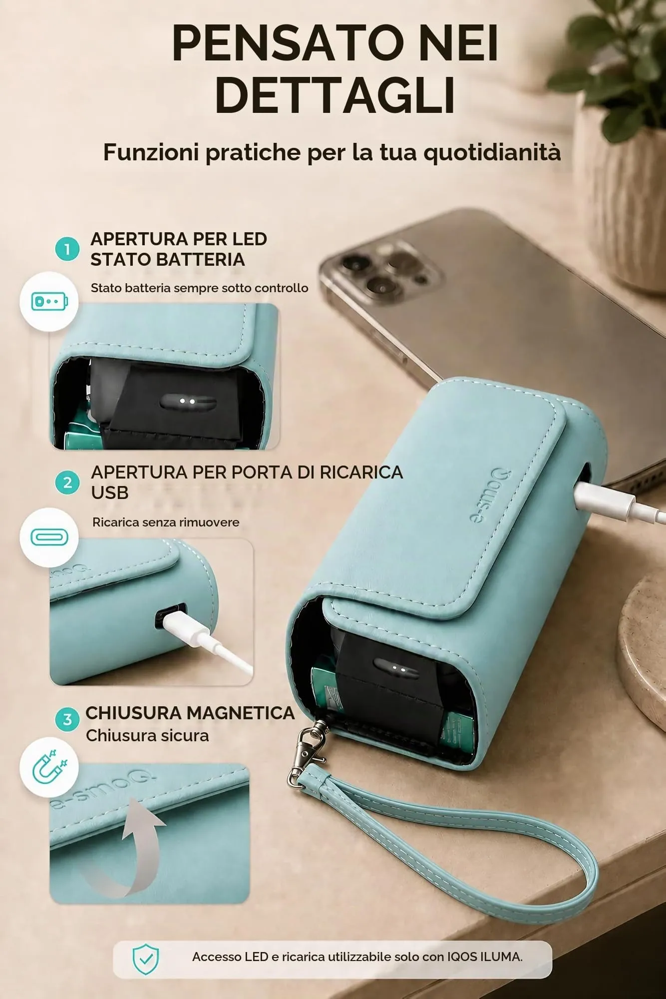 [20+ Colori] e-smoQ Custodia per IQOS ILUMA, Cover in Pelle PU di Alta Qualità - Borsello/Astuccio Sigaretta Elettronica, Organizer per Accessori (Turchese) - immagine 6