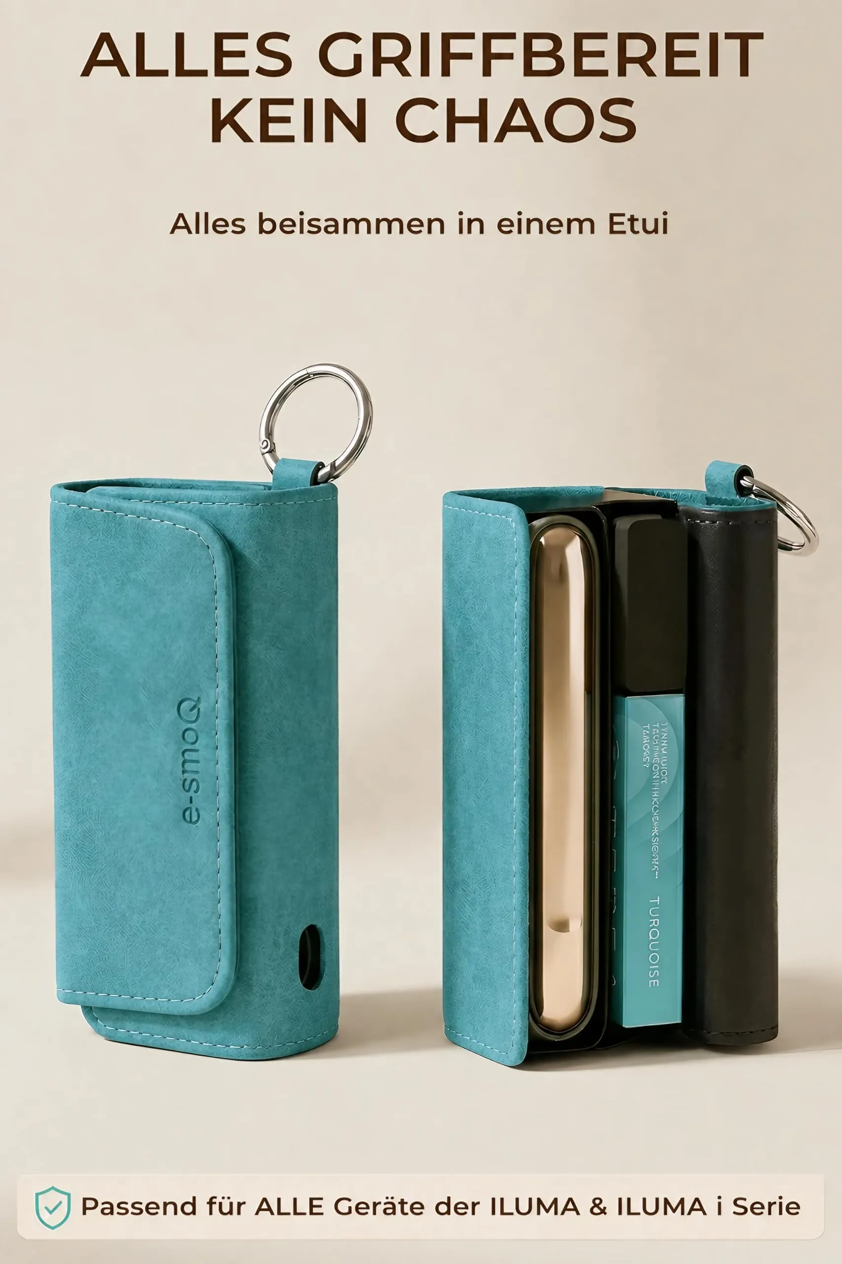 [20+ Colori] e-smoQ Custodia per IQOS ILUMA, Cover in Pelle PU di Alta Qualità - Borsello/Astuccio Sigaretta Elettronica, Organizer per Accessori (Turchese) - immagine 2