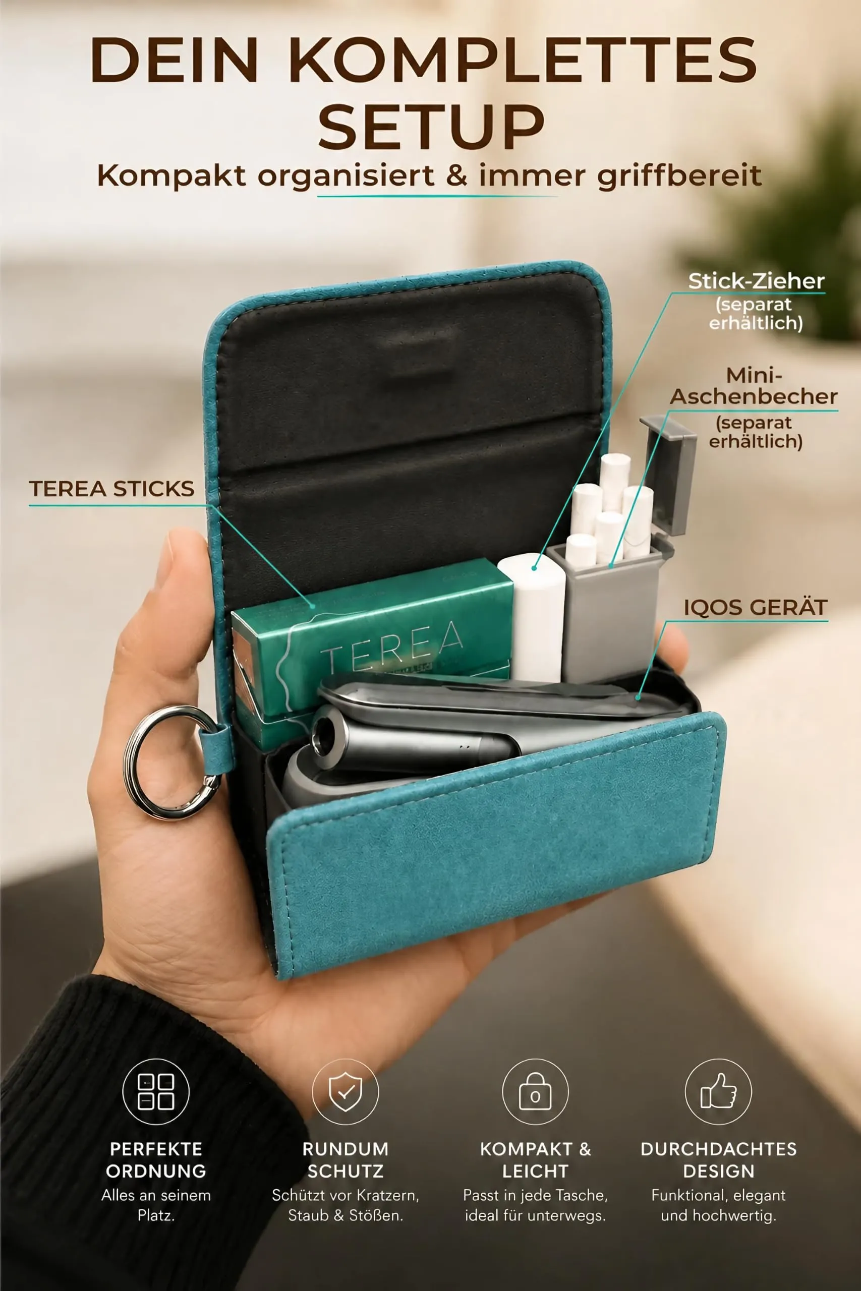 [20+ Colori] e-smoQ Custodia per IQOS ILUMA, Cover in Pelle PU di Alta Qualità - Borsello/Astuccio Sigaretta Elettronica, Organizer per Accessori (Turchese) - immagine 3