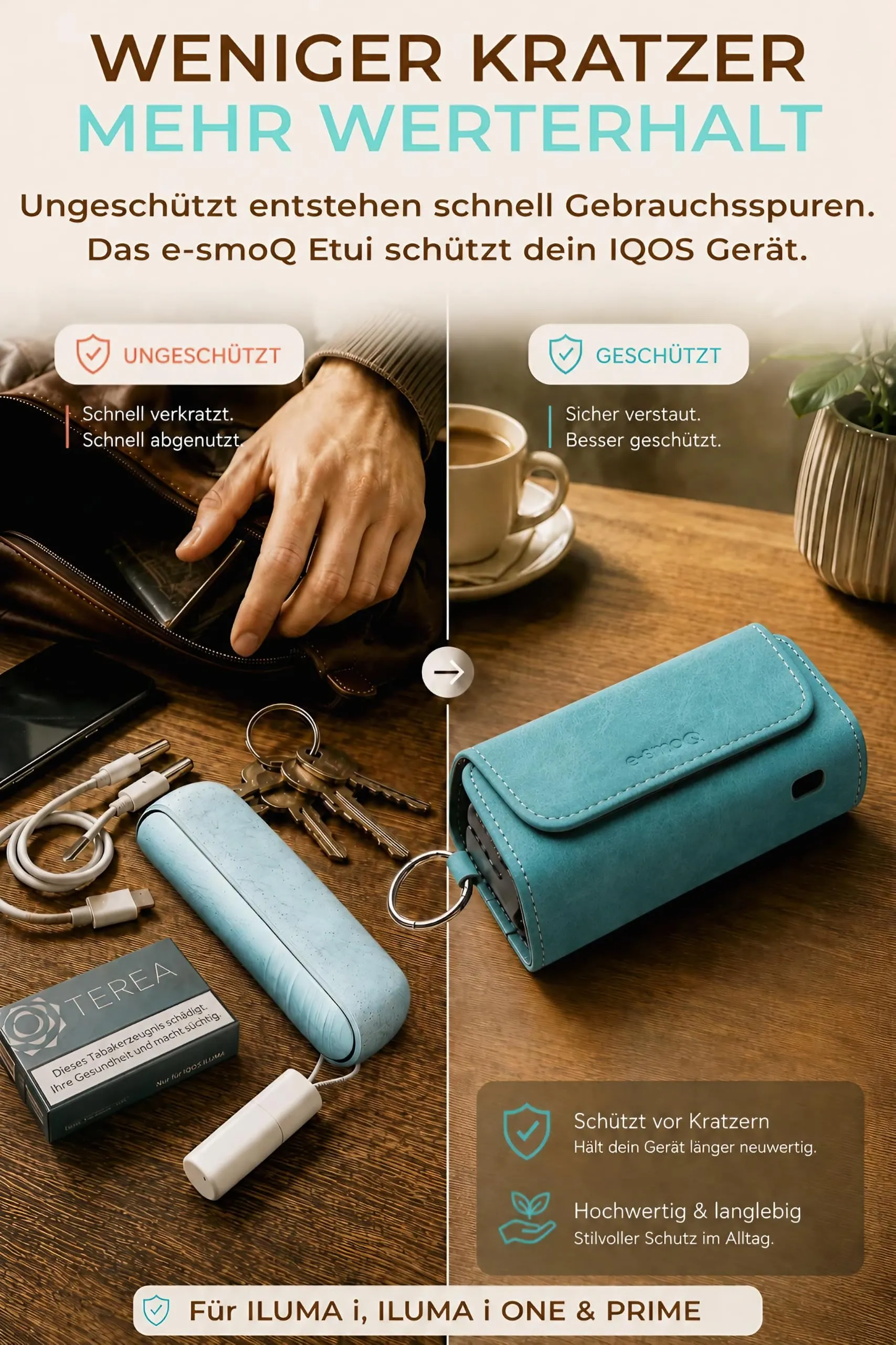 [20+ Colori] e-smoQ Custodia per IQOS ILUMA, Cover in Pelle PU di Alta Qualità - Borsello/Astuccio Sigaretta Elettronica, Organizer per Accessori (Turchese) - immagine 5