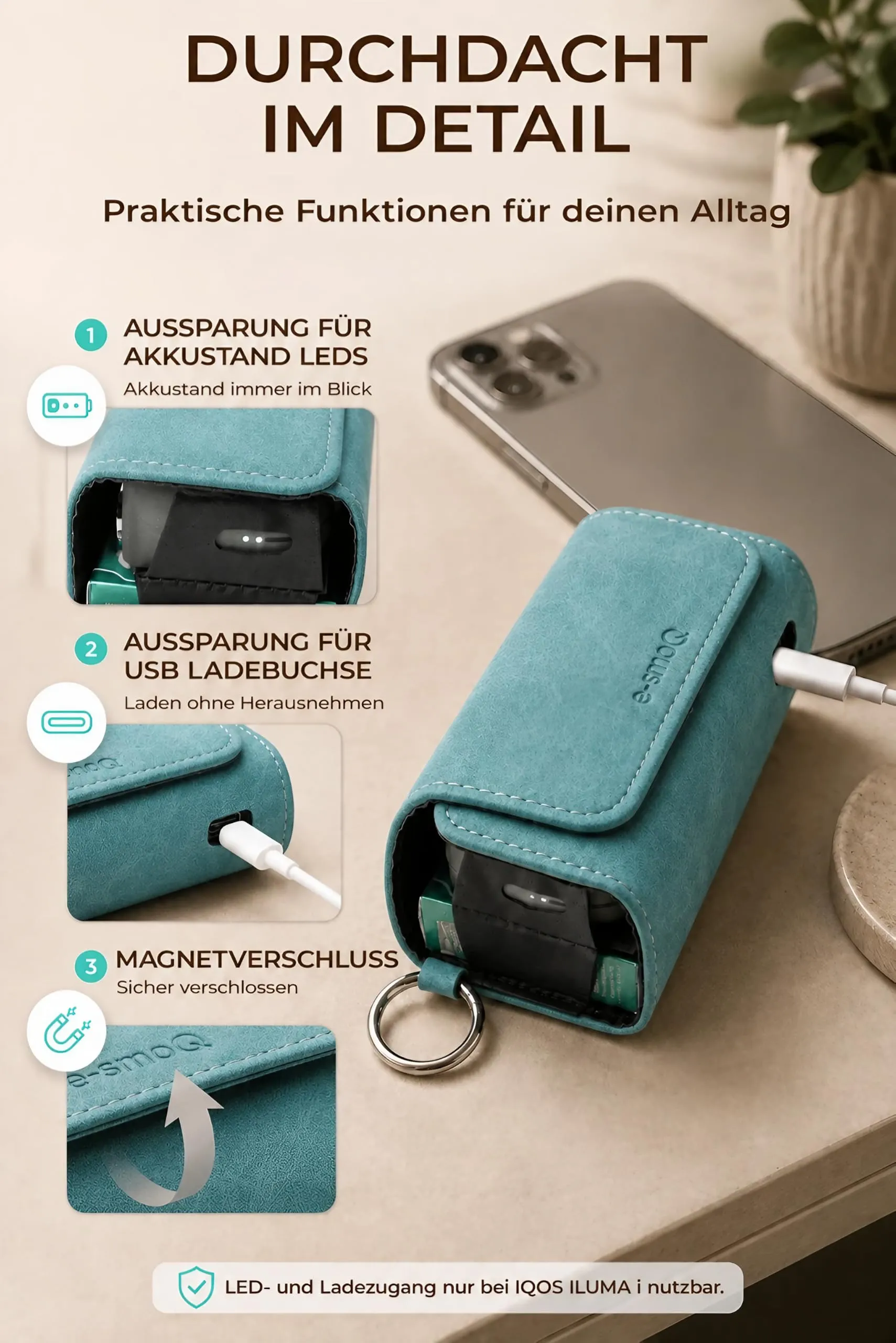 [20+ Colori] e-smoQ Custodia per IQOS ILUMA, Cover in Pelle PU di Alta Qualità - Borsello/Astuccio Sigaretta Elettronica, Organizer per Accessori (Turchese) - immagine 6