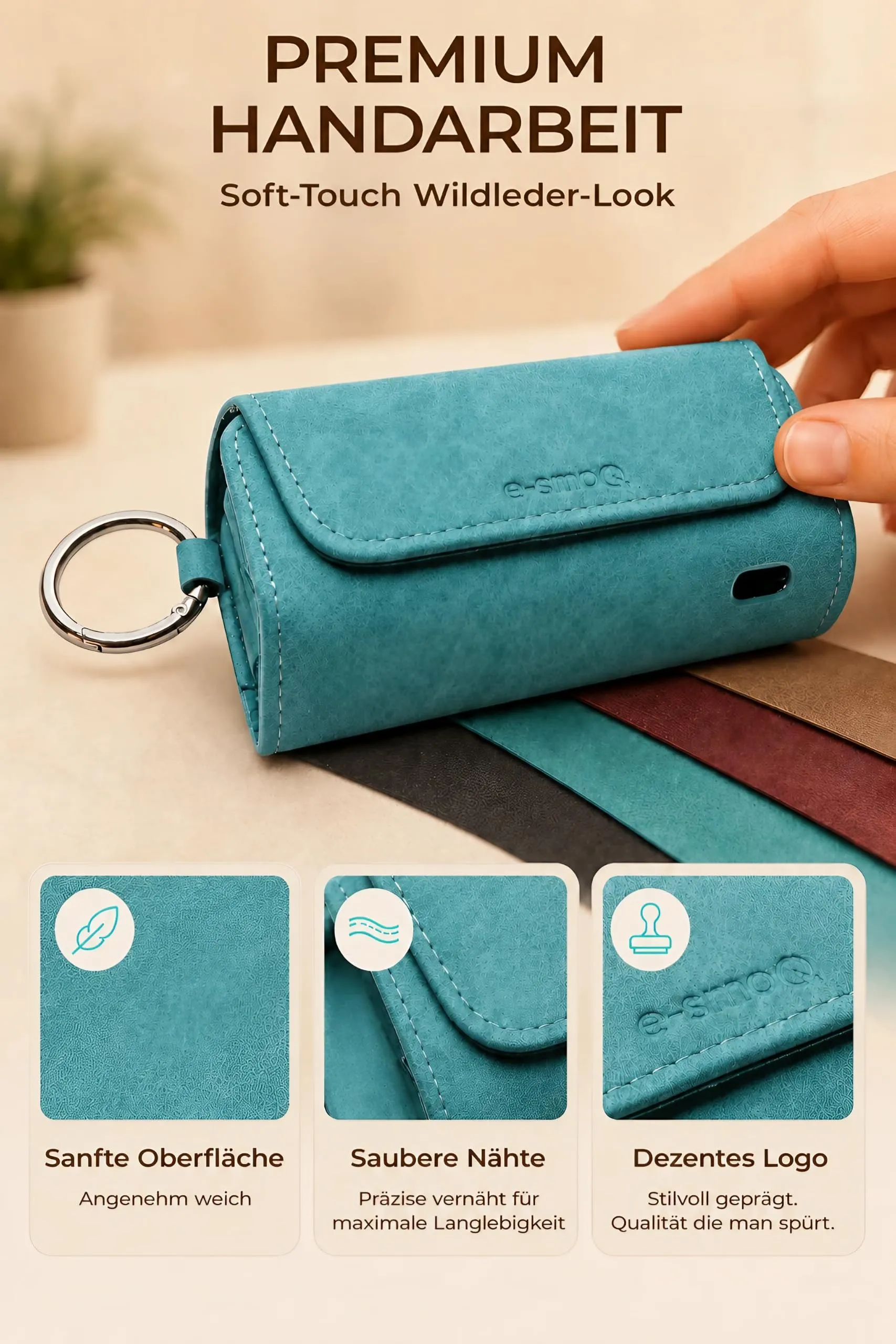 [20+ Colori] e-smoQ Custodia per IQOS ILUMA, Cover in Pelle PU di Alta Qualità - Borsello/Astuccio Sigaretta Elettronica, Organizer per Accessori (Turchese) - immagine 8