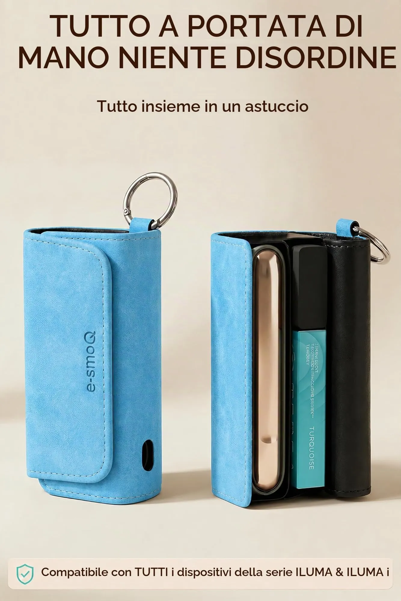 [20+ Colori] e-smoQ Custodia per IQOS ILUMA, Cover in Pelle PU di Alta Qualità - Borsello/Astuccio Sigaretta Elettronica, Organizer per Accessori (Blu) - immagine 2