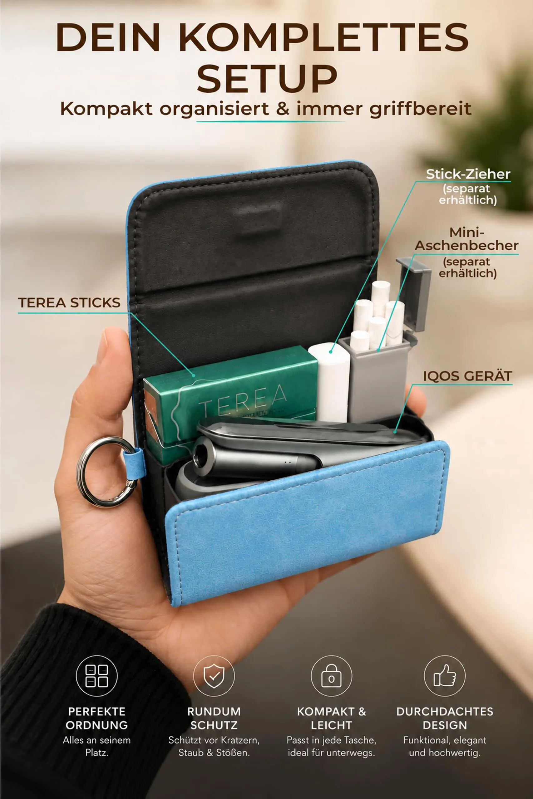 [20+ Colori] e-smoQ Custodia per IQOS ILUMA, Cover in Pelle PU di Alta Qualità - Borsello/Astuccio Sigaretta Elettronica, Organizer per Accessori (Blu) - immagine 3