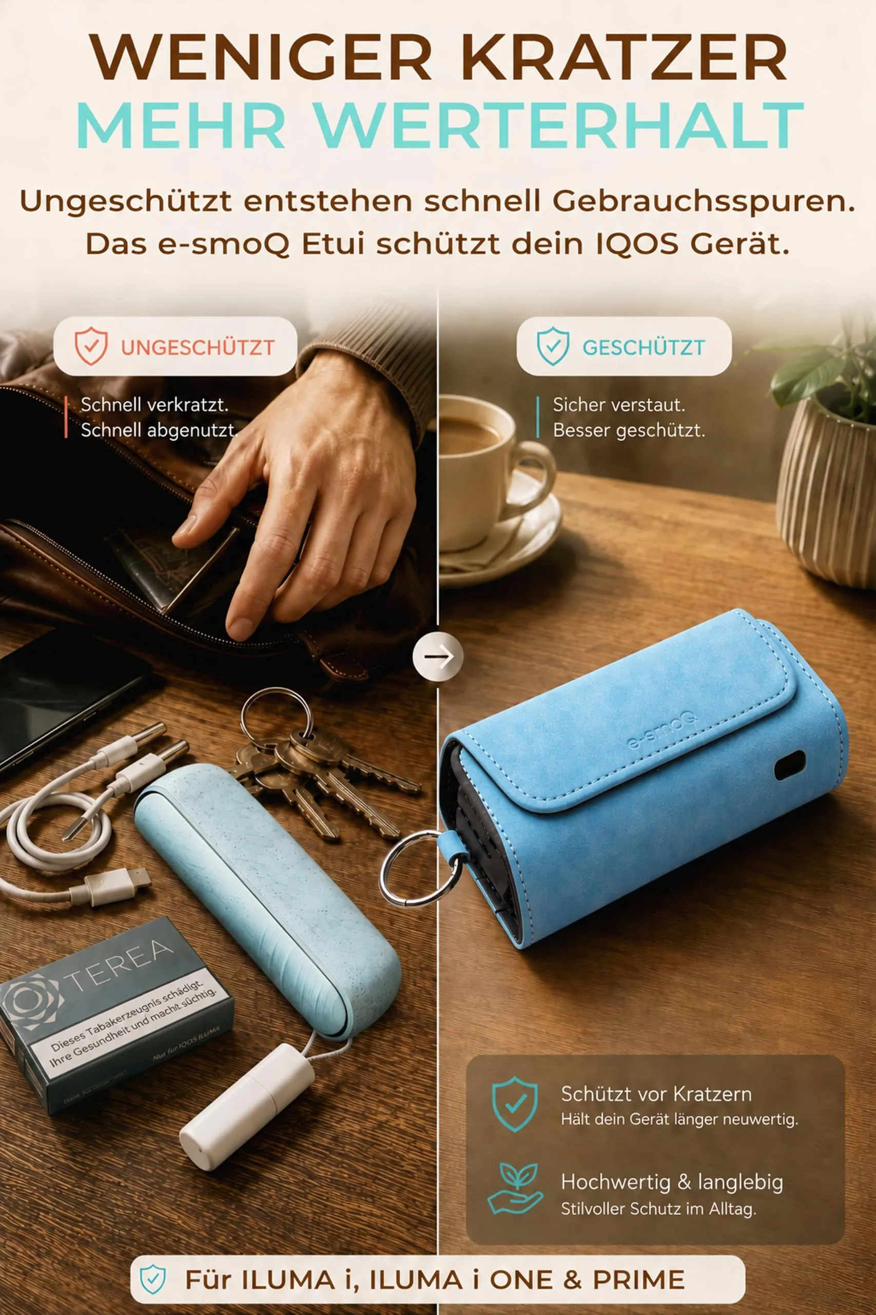 [20+ Colori] e-smoQ Custodia per IQOS ILUMA, Cover in Pelle PU di Alta Qualità - Borsello/Astuccio Sigaretta Elettronica, Organizer per Accessori (Blu) - immagine 5
