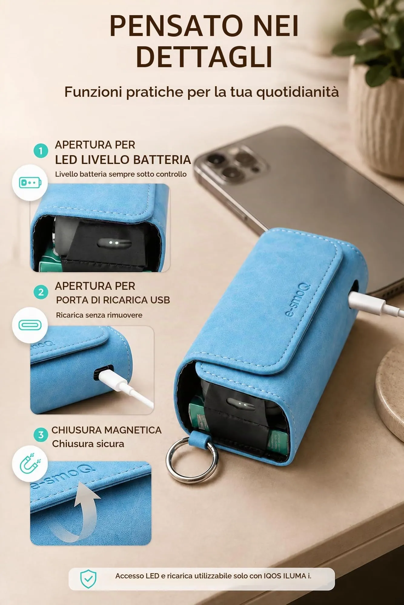 [20+ Colori] e-smoQ Custodia per IQOS ILUMA, Cover in Pelle PU di Alta Qualità - Borsello/Astuccio Sigaretta Elettronica, Organizer per Accessori (Blu) - immagine 6