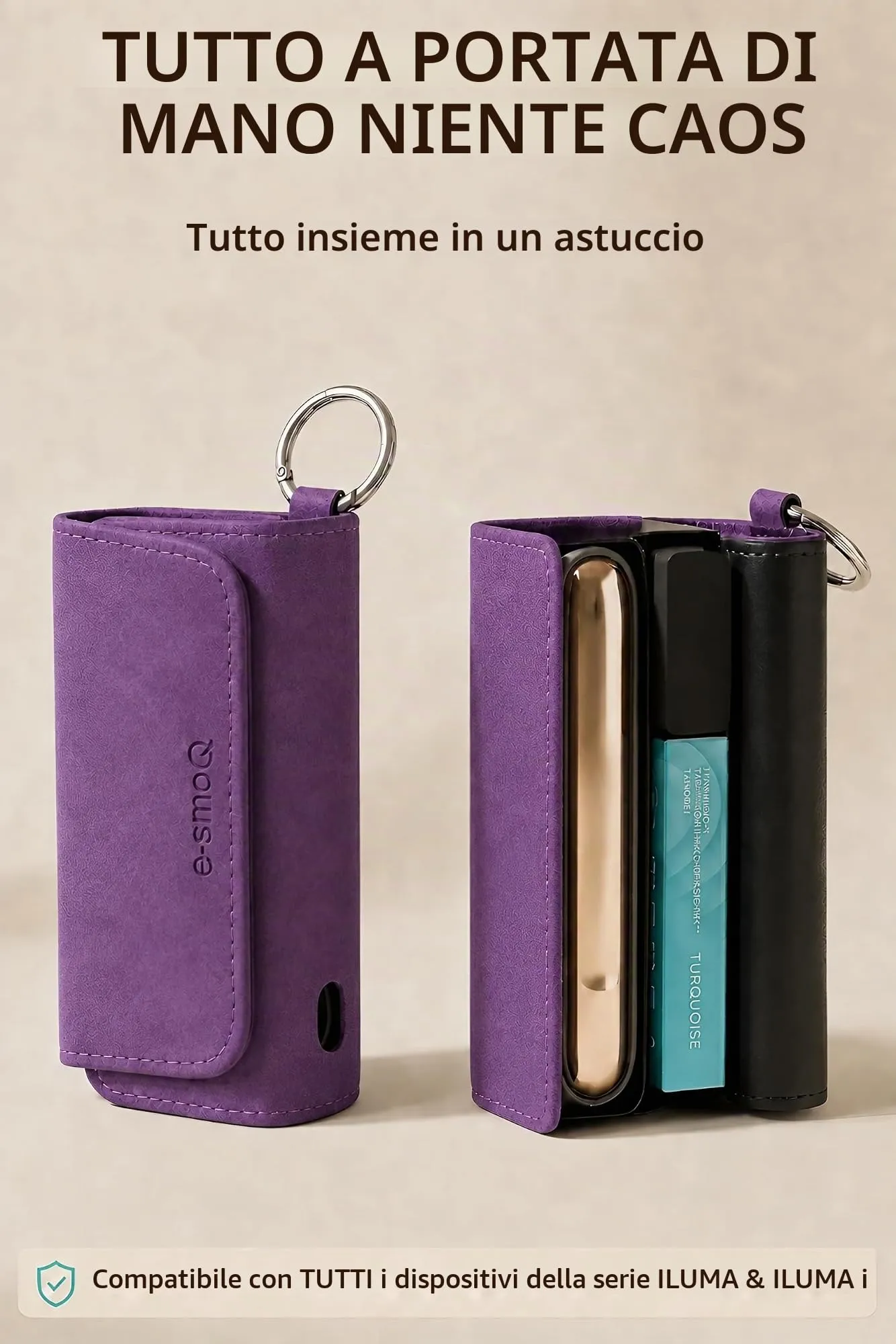 [20+ Colori] e-smoQ Custodia per IQOS ILUMA, Cover in Pelle PU di Alta Qualità - Borsello/Astuccio Sigaretta Elettronica, Organizer per Accessori (Viola) - immagine 2