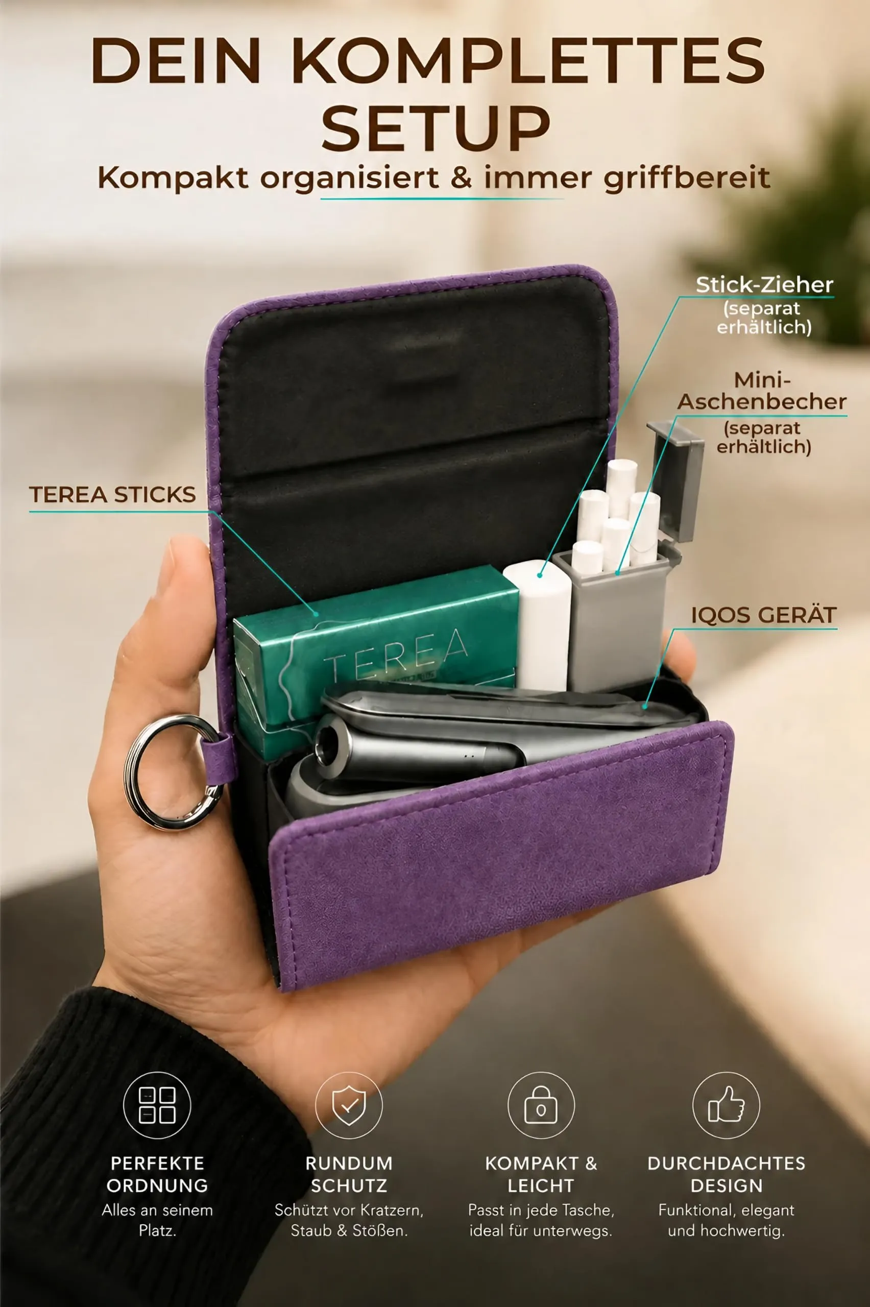 [20+ Colori] e-smoQ Custodia per IQOS ILUMA, Cover in Pelle PU di Alta Qualità - Borsello/Astuccio Sigaretta Elettronica, Organizer per Accessori (Viola) - immagine 3