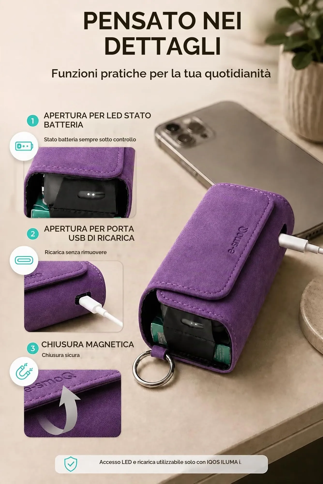 [20+ Colori] e-smoQ Custodia per IQOS ILUMA, Cover in Pelle PU di Alta Qualità - Borsello/Astuccio Sigaretta Elettronica, Organizer per Accessori (Viola) - immagine 6