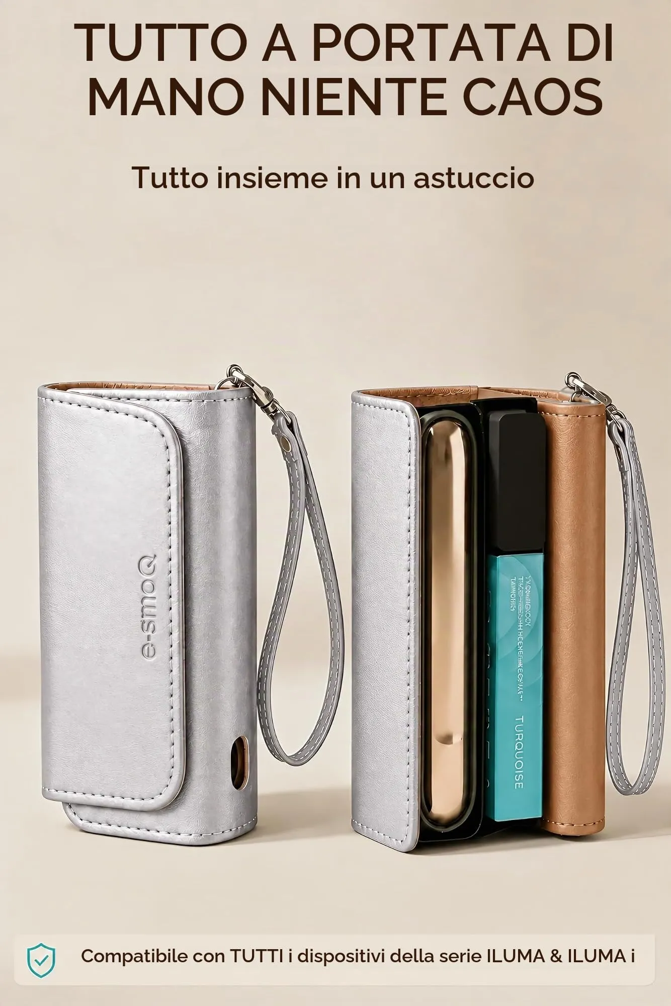 [20+ Colori] e-smoQ Custodia per IQOS ILUMA, Cover in Pelle PU di Alta Qualità - Borsello/Astuccio Sigaretta Elettronica, Organizer per Accessori (Argento) - immagine 2