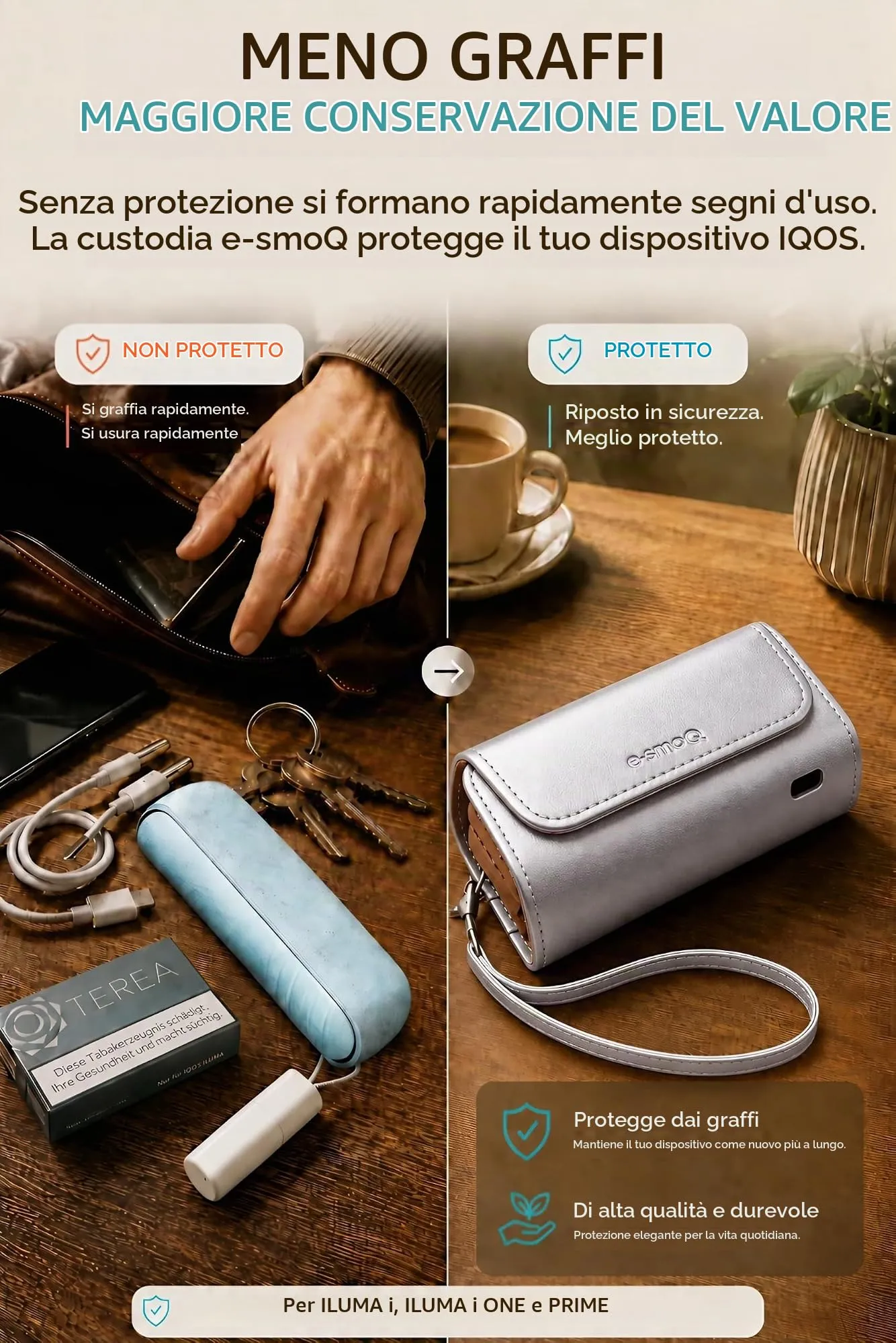 [20+ Colori] e-smoQ Custodia per IQOS ILUMA, Cover in Pelle PU di Alta Qualità - Borsello/Astuccio Sigaretta Elettronica, Organizer per Accessori (Argento) - immagine 3