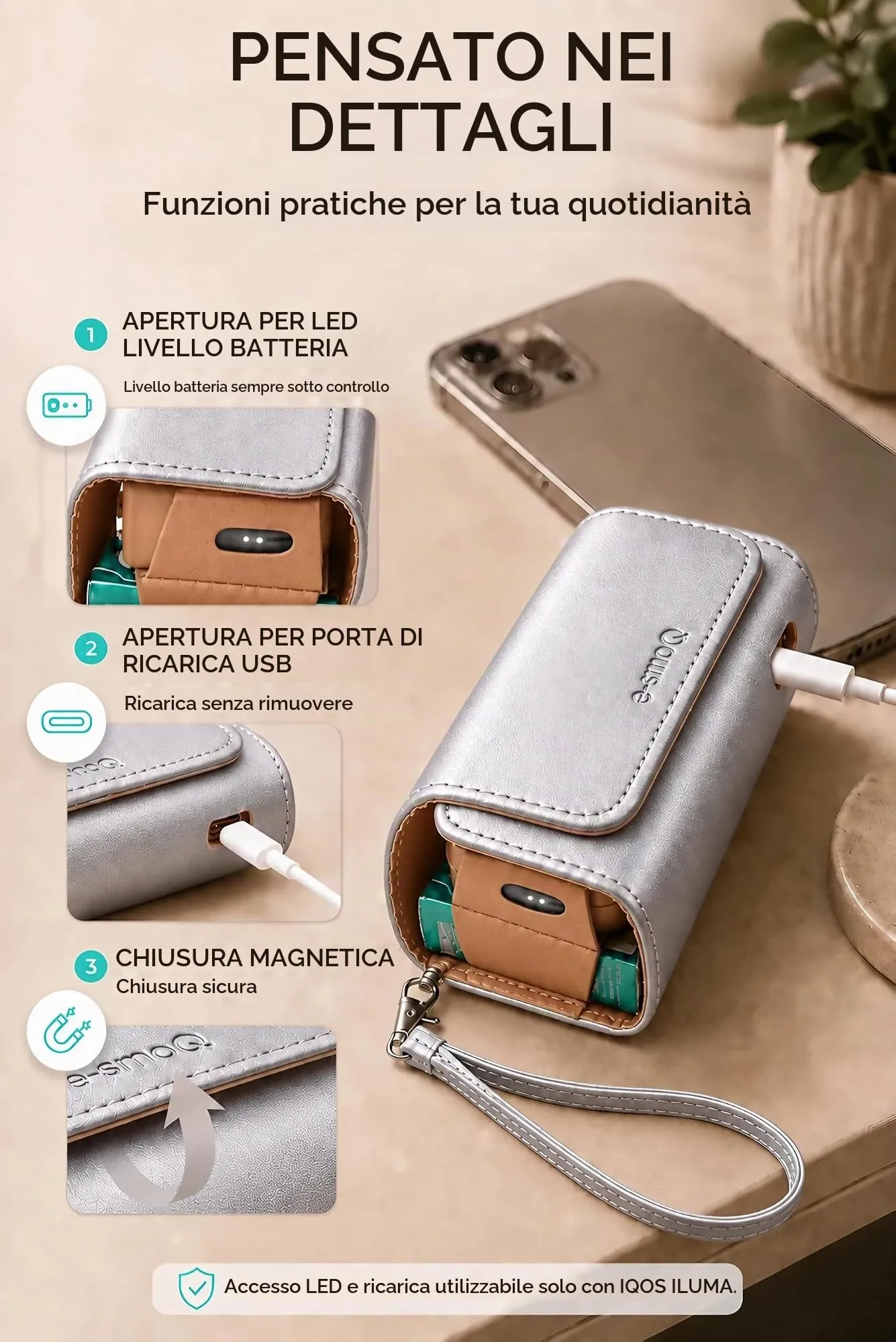 [20+ Colori] e-smoQ Custodia per IQOS ILUMA, Cover in Pelle PU di Alta Qualità - Borsello/Astuccio Sigaretta Elettronica, Organizer per Accessori (Argento) - immagine 5