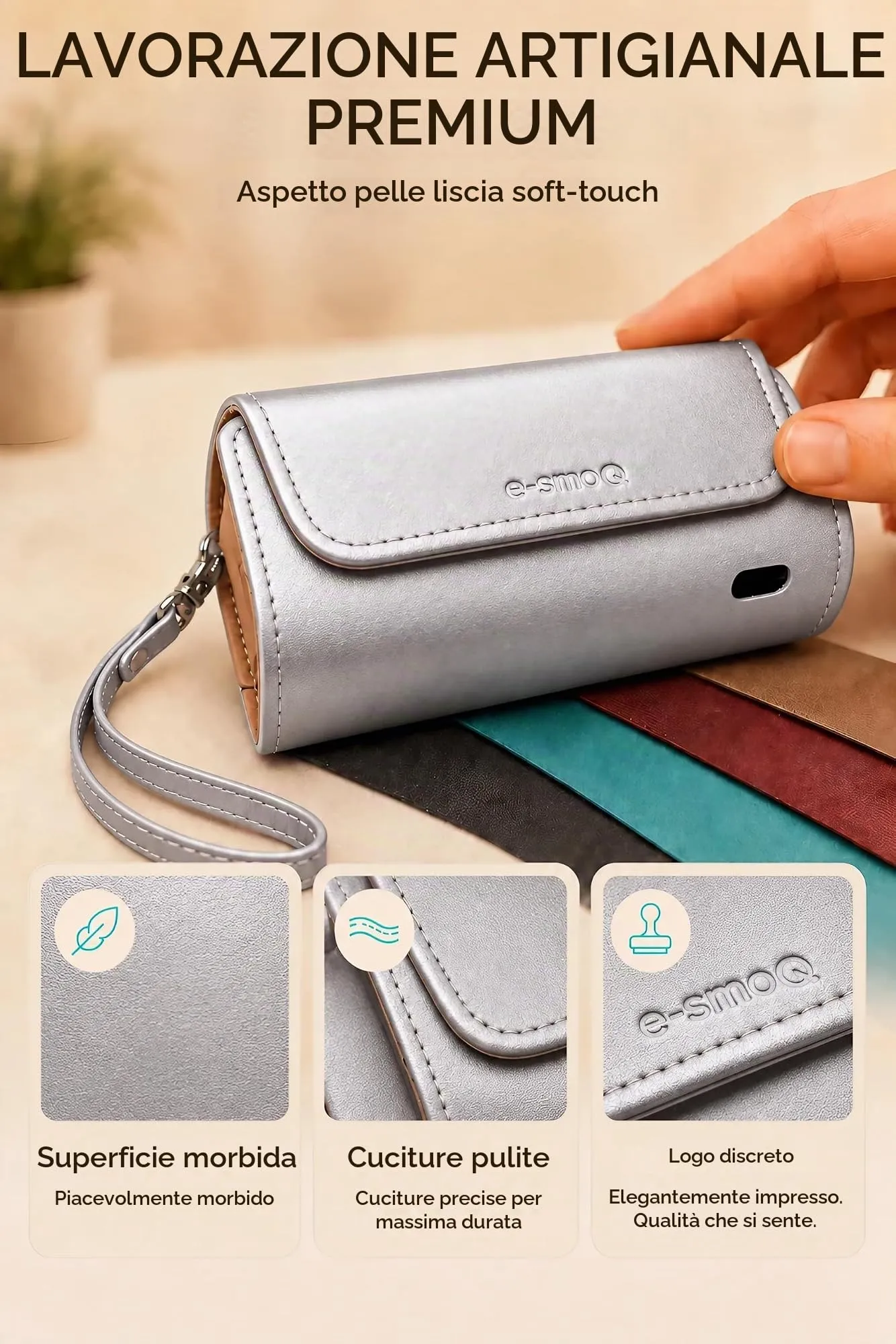 [20+ Colori] e-smoQ Custodia per IQOS ILUMA, Cover in Pelle PU di Alta Qualità - Borsello/Astuccio Sigaretta Elettronica, Organizer per Accessori (Argento) - immagine 7