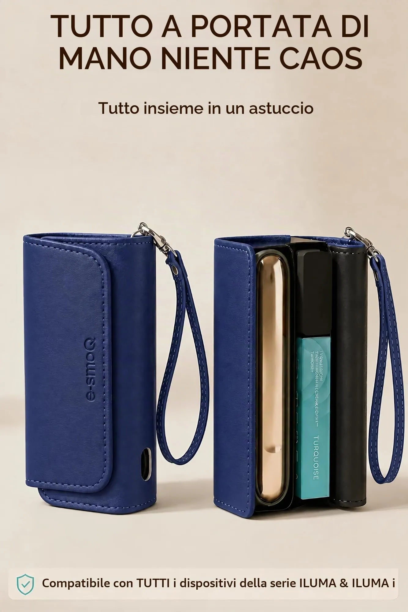 [20+ Colori] e-smoQ Custodia per IQOS ILUMA, Cover in Pelle PU di Alta Qualità - Borsello/Astuccio Sigaretta Elettronica, Organizer per Accessori (Blu) - immagine 2