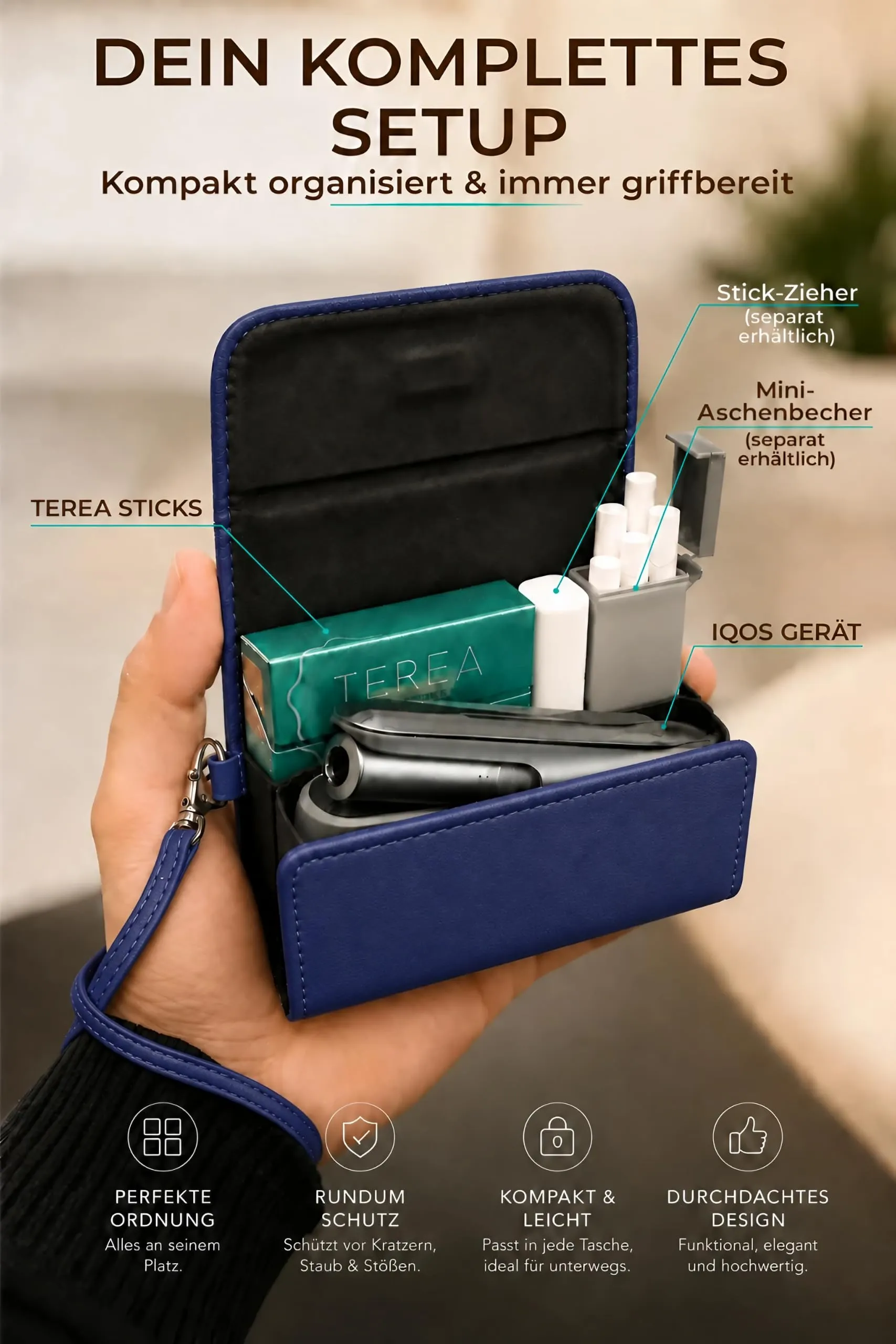 [20+ Colori] e-smoQ Custodia per IQOS ILUMA, Cover in Pelle PU di Alta Qualità - Borsello/Astuccio Sigaretta Elettronica, Organizer per Accessori (Blu) - immagine 3