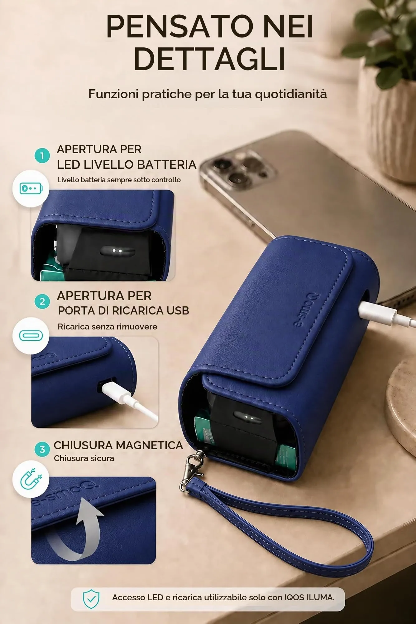[20+ Colori] e-smoQ Custodia per IQOS ILUMA, Cover in Pelle PU di Alta Qualità - Borsello/Astuccio Sigaretta Elettronica, Organizer per Accessori (Blu) - immagine 6