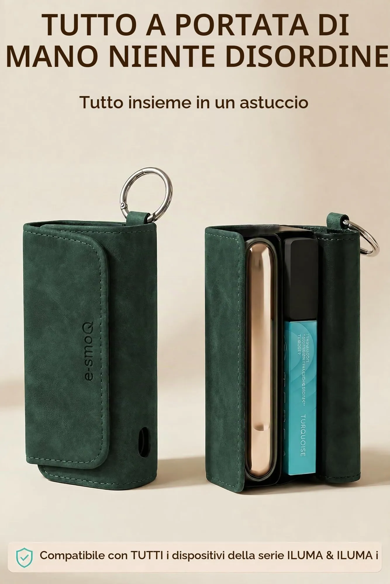 [20+ Colori] e-smoQ Custodia per IQOS ILUMA, Cover in Pelle PU di Alta Qualità - Borsello/Astuccio Sigaretta Elettronica, Organizer per Accessori (Verde) - immagine 2