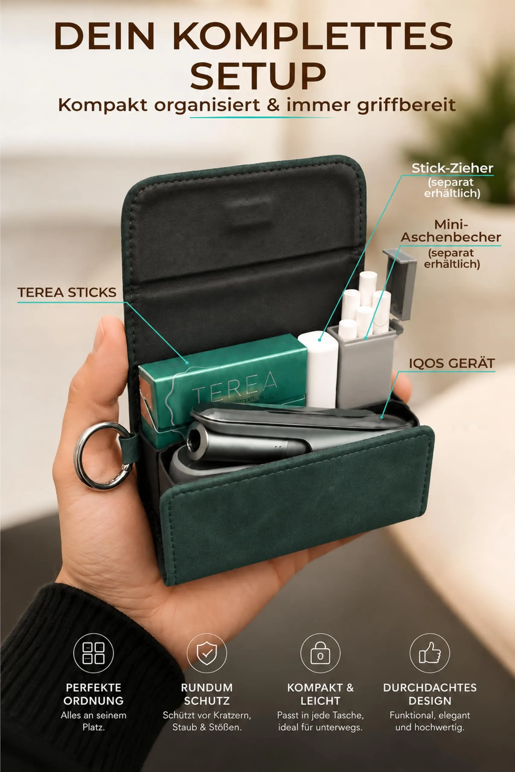 [20+ Colori] e-smoQ Custodia per IQOS ILUMA, Cover in Pelle PU di Alta Qualità - Borsello/Astuccio Sigaretta Elettronica, Organizer per Accessori (Verde) - immagine 3