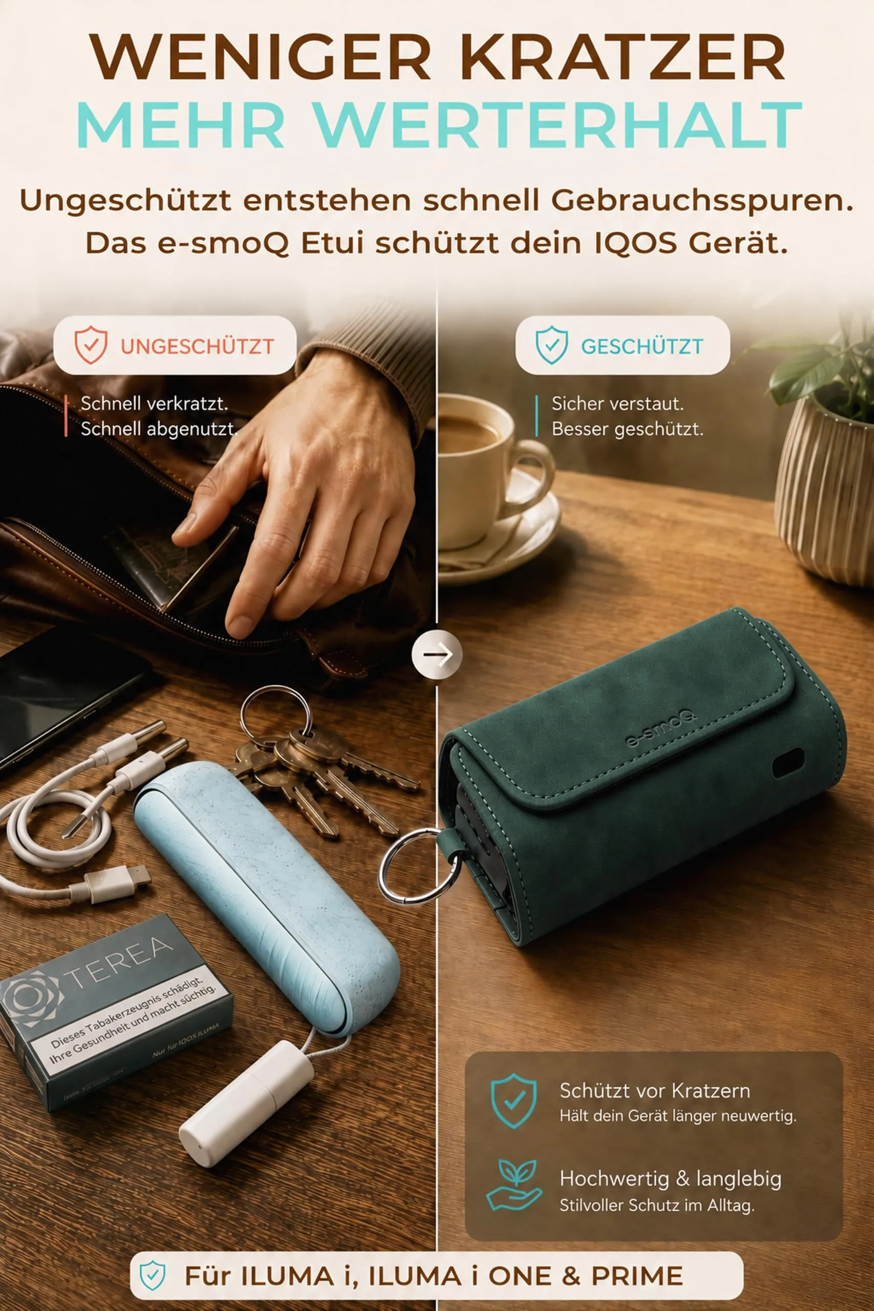 [20+ Colori] e-smoQ Custodia per IQOS ILUMA, Cover in Pelle PU di Alta Qualità - Borsello/Astuccio Sigaretta Elettronica, Organizer per Accessori (Verde) - immagine 5