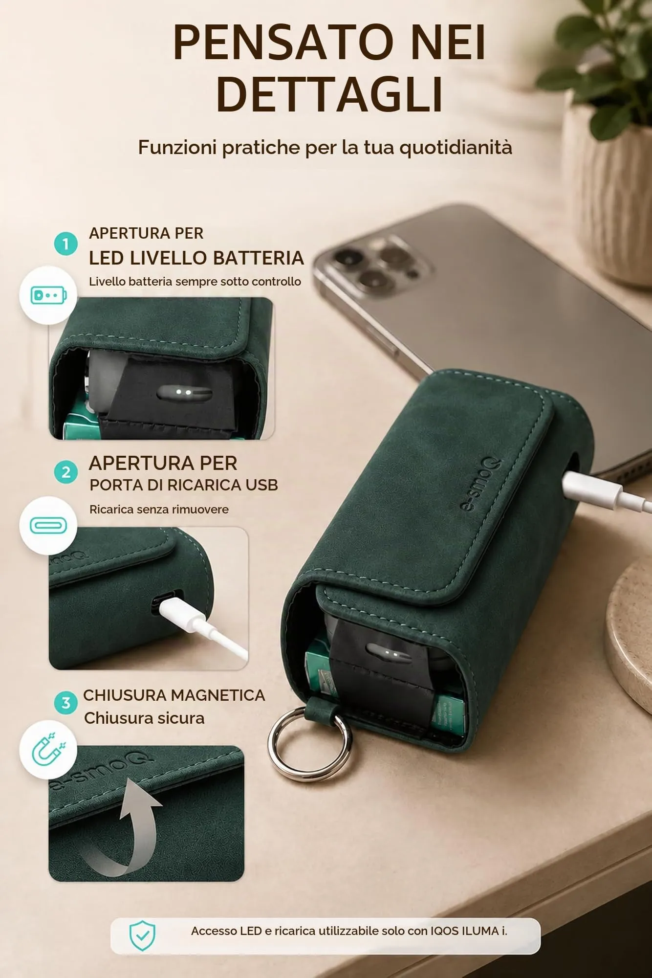 [20+ Colori] e-smoQ Custodia per IQOS ILUMA, Cover in Pelle PU di Alta Qualità - Borsello/Astuccio Sigaretta Elettronica, Organizer per Accessori (Verde) - immagine 6